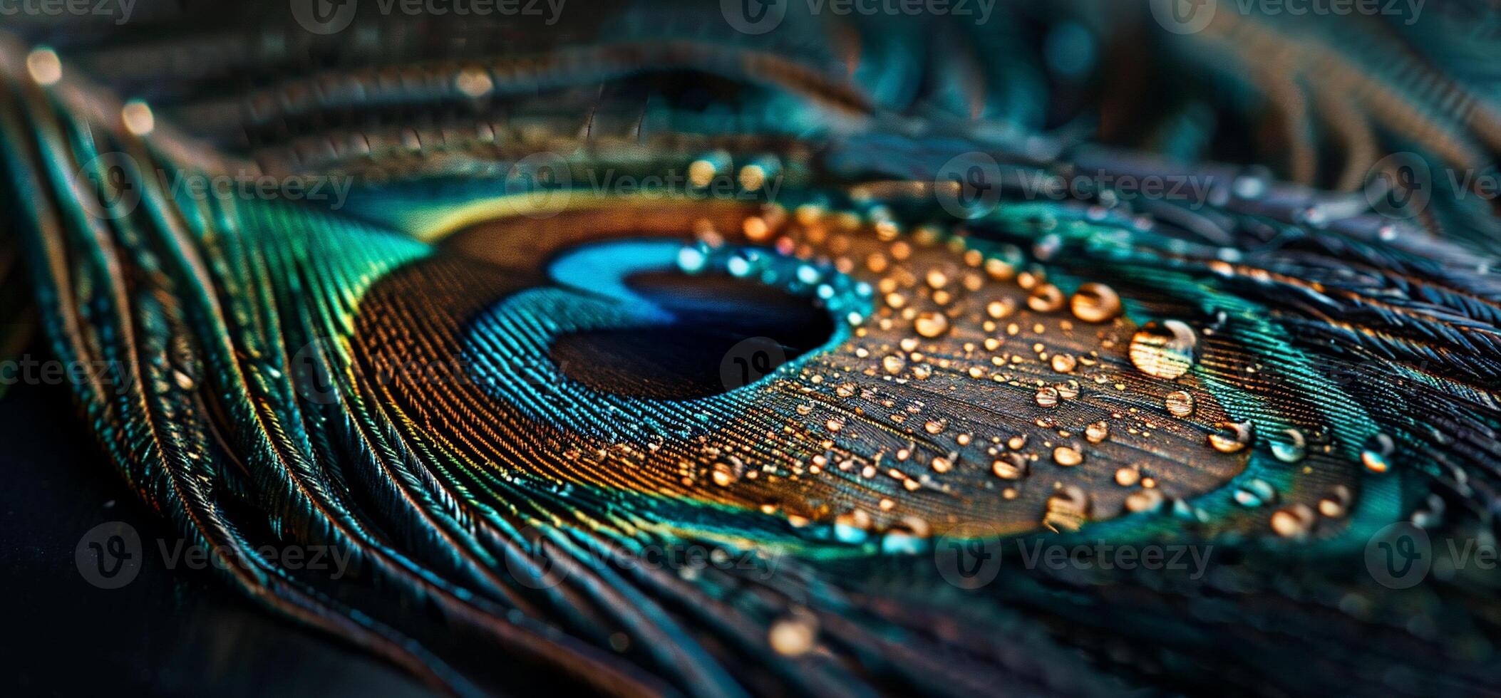 A close up of a peacock feather with water droplets photo