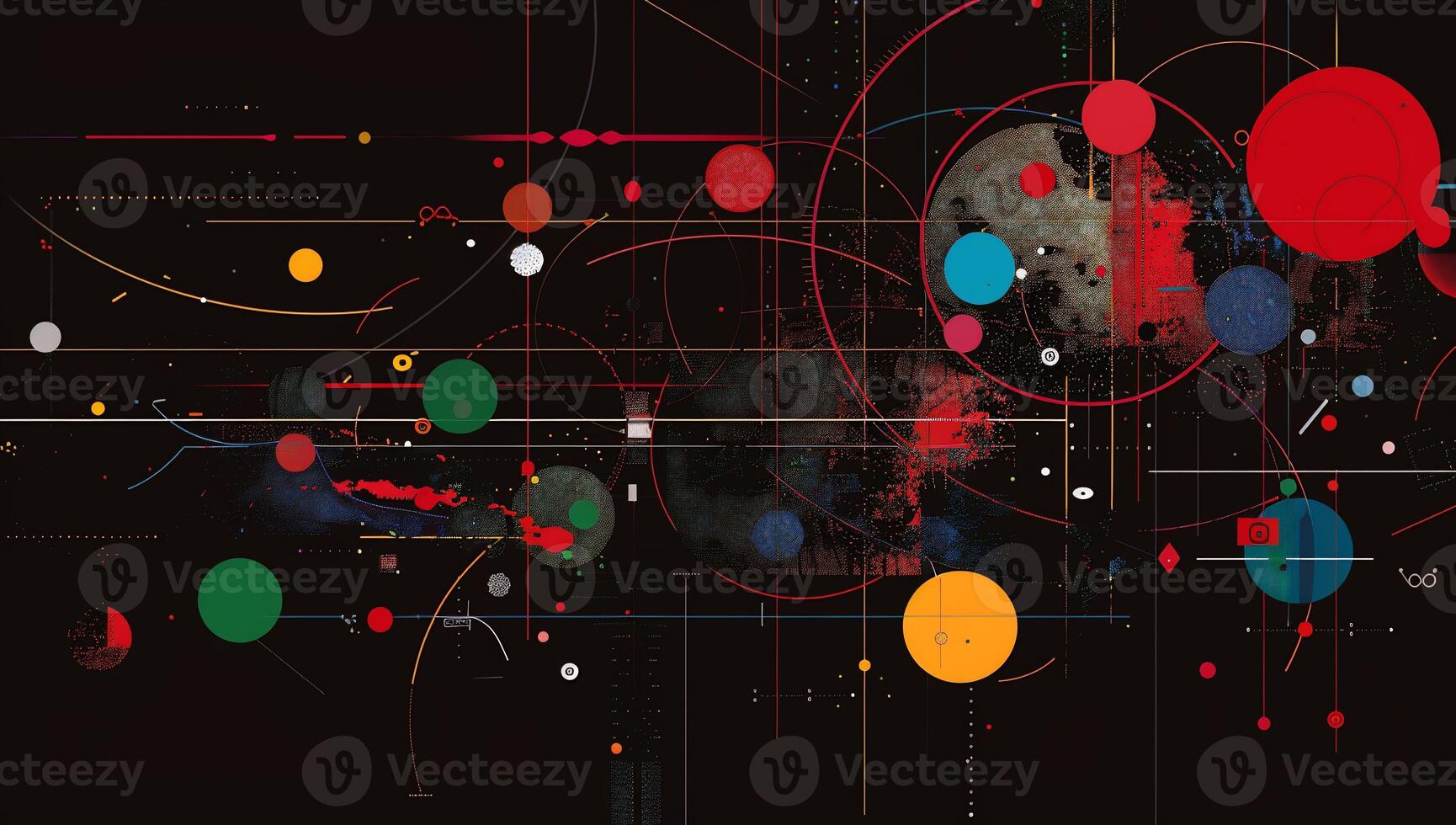 Abstract graphic design with vibrant circles and lines on a dark background. Intricate, colorful, and dynamic composition photo