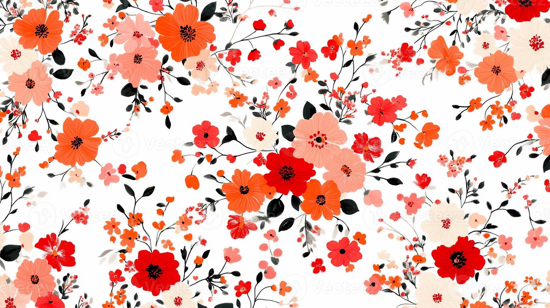 Floral print pattern with various shades of red and peach flowers on a white background photo