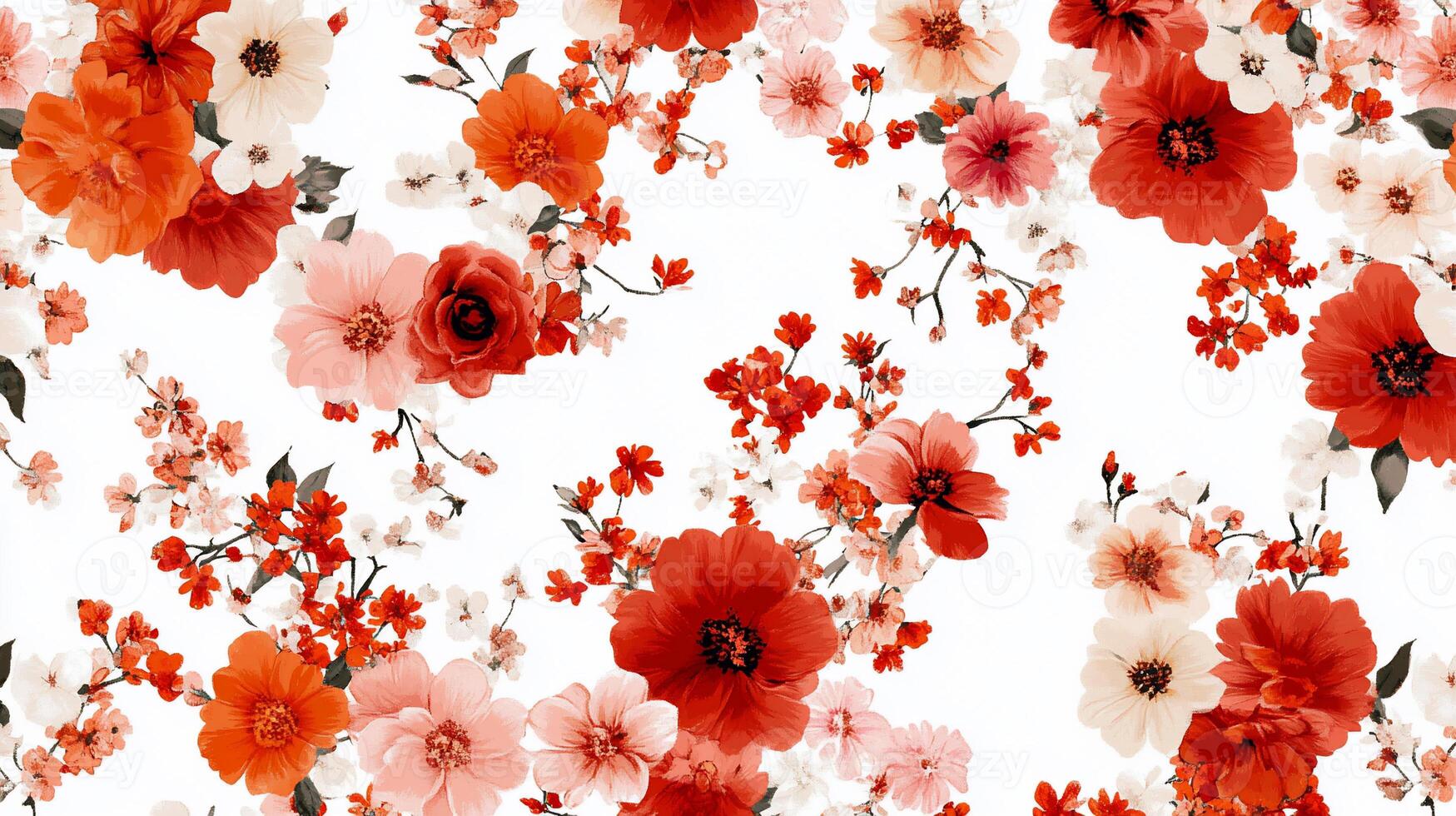 Vibrant floral print, rich reds and pinks, delicate blooms on white background photo