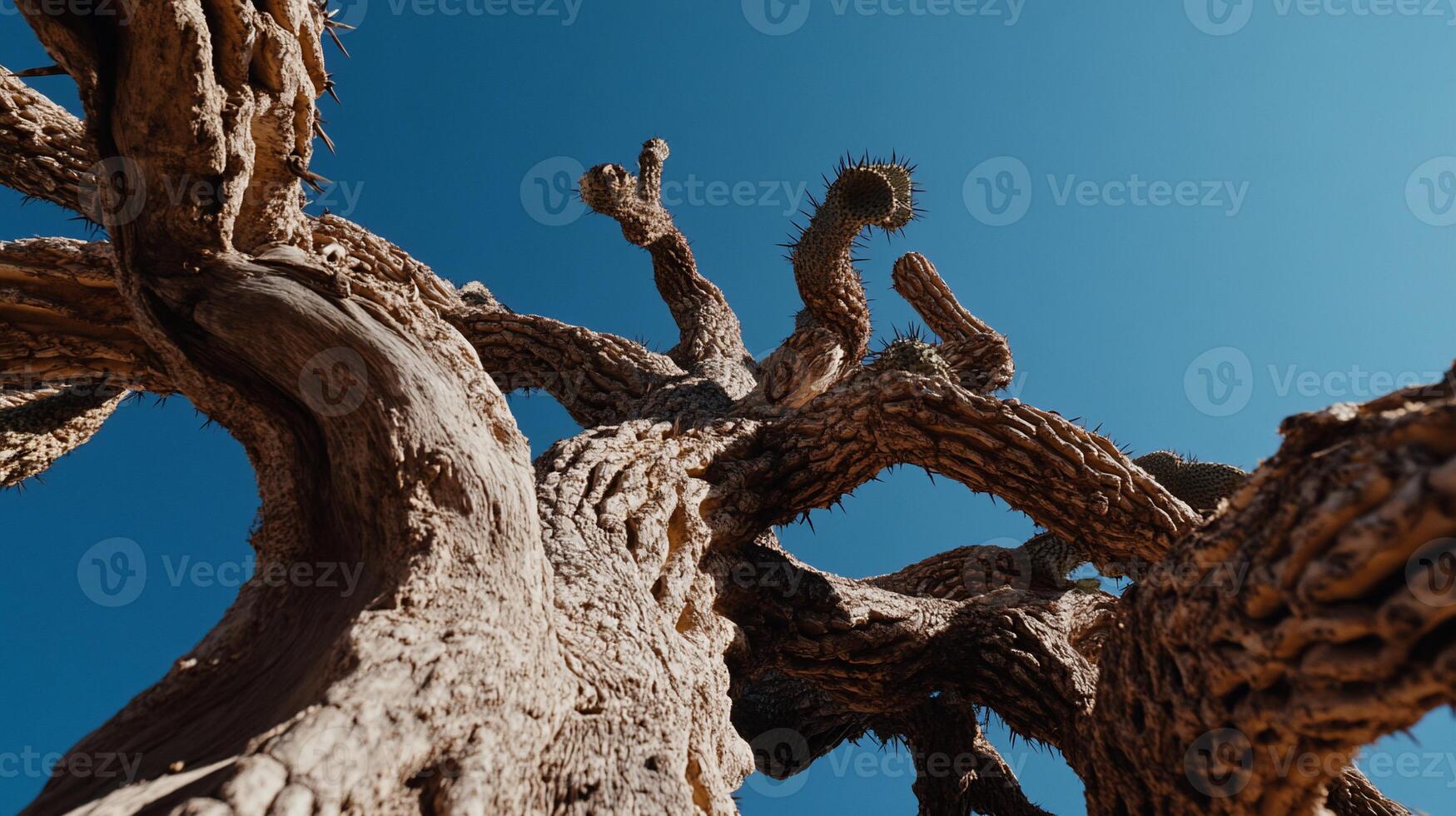 Ancient desert plant reaching for sky. Twisted, gnarled trunk against vibrant blue sky photo