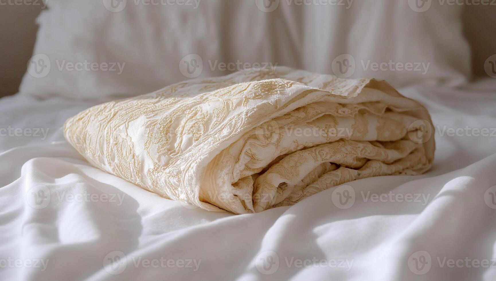 Folded cream colored blanket on white bed sheets photo
