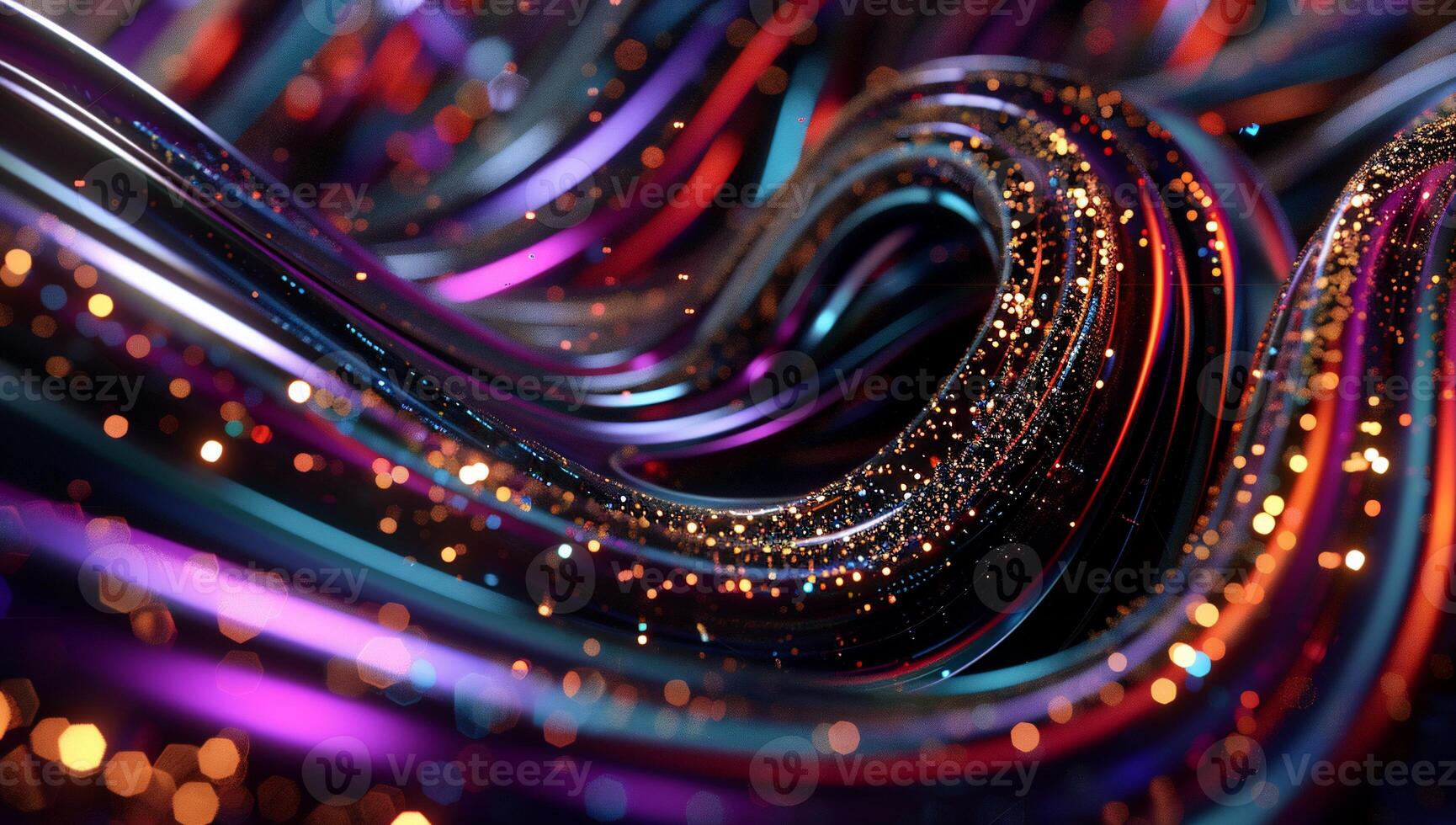 Abstract swirling ribbons of vibrant colors with glittering particles photo