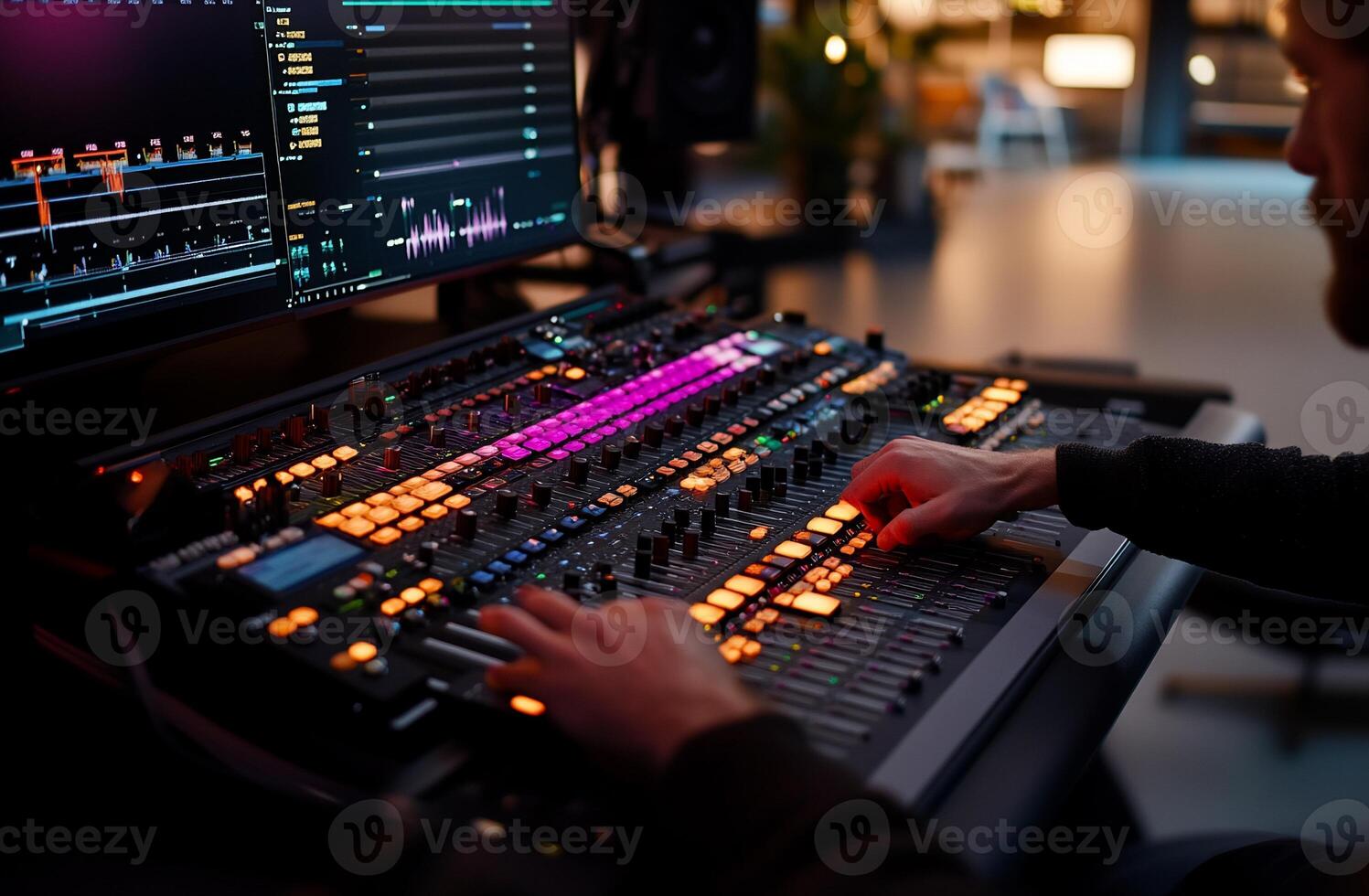 Audio engineer adjusting professional mixing console in a recording studio photo