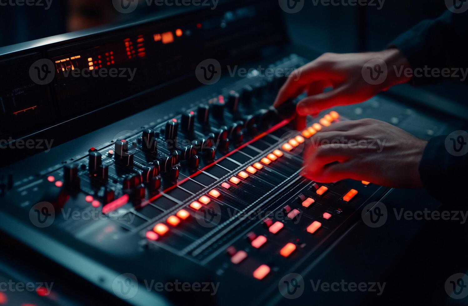 Audio mixing console close-up. Hands adjusting faders and controls photo
