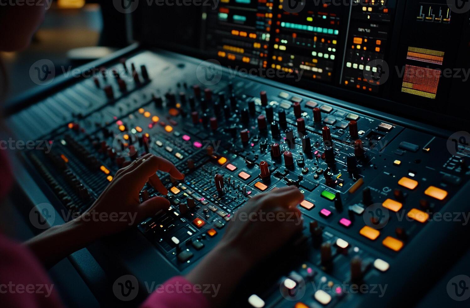 Audio engineer adjusting sound console. Hands expertly manipulating controls on a professional mixing board, digital audio workstation photo