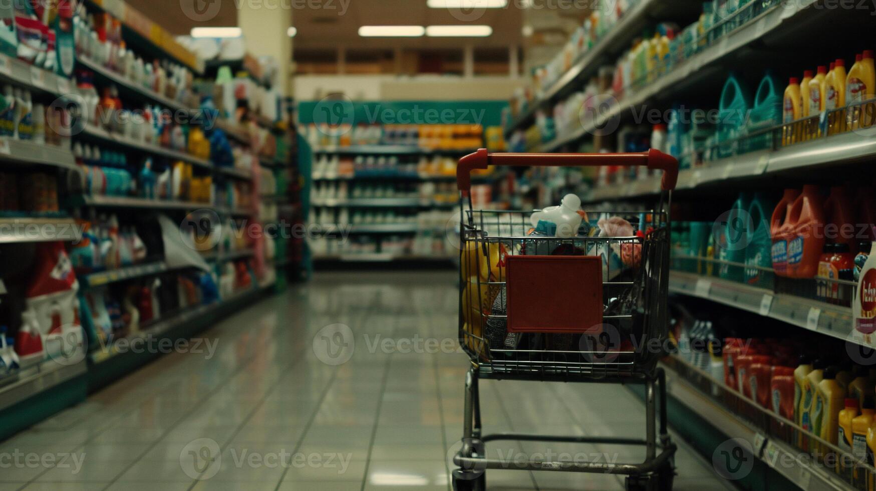 Empty grocery aisle with shopping cart photo