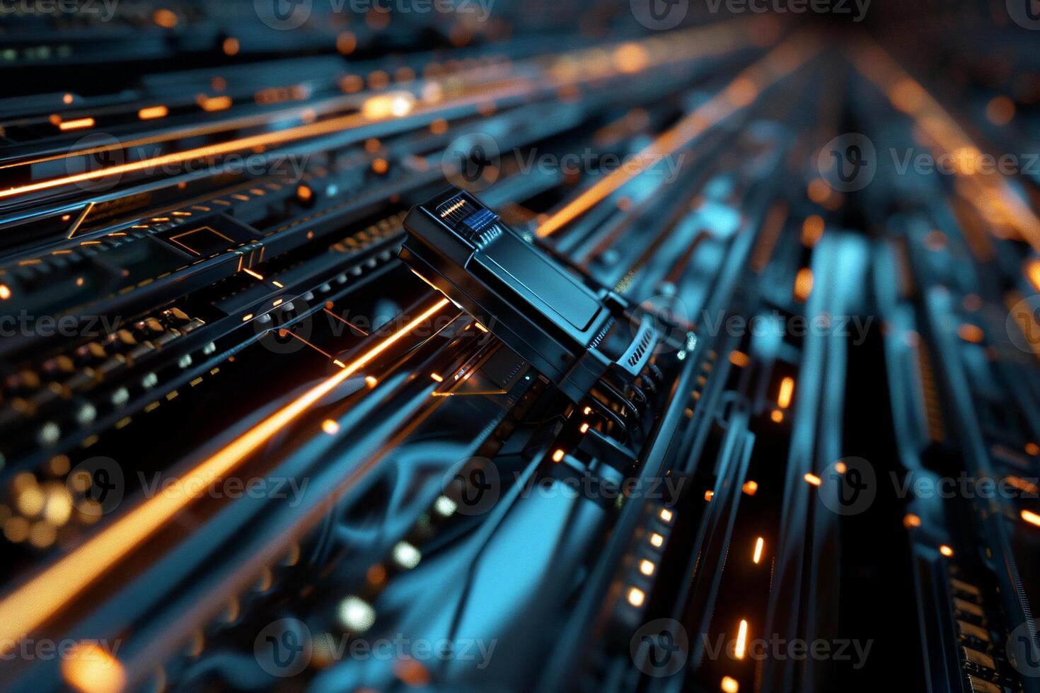 Futuristic circuit board with glowing lines. Complex technological design photo