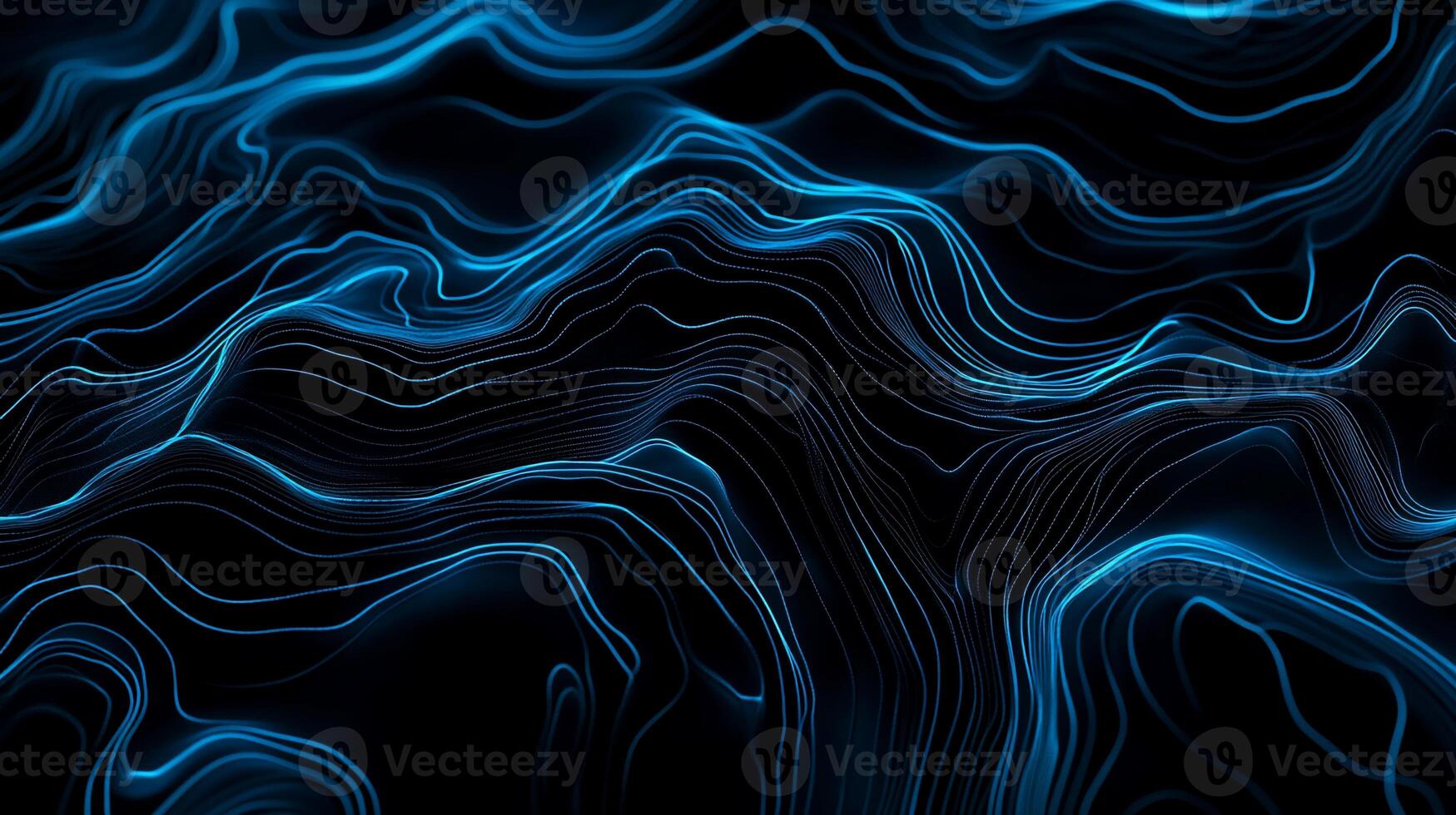Abstract blue lines on black background. Dynamic wavy lines create a sense of movement and depth photo