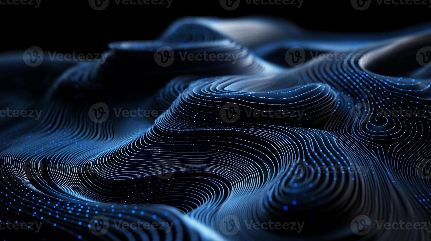 Abstract wavy digital landscape. Complex layered lines and glowing points create a dynamic, textured surface photo