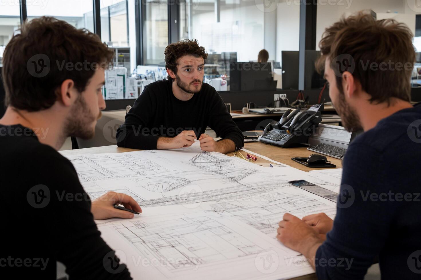 Three men sitting at a table with blueprints photo