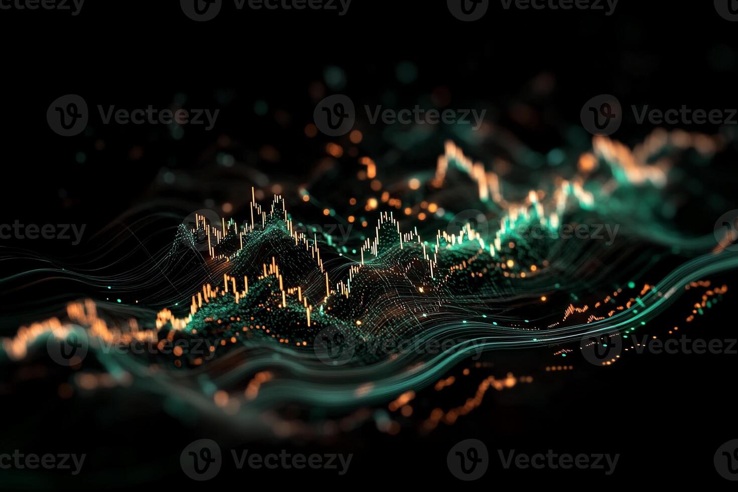 Abstract financial data visualization. Complex network of lines and points representing market trends. Dynamic, swirling patterns photo