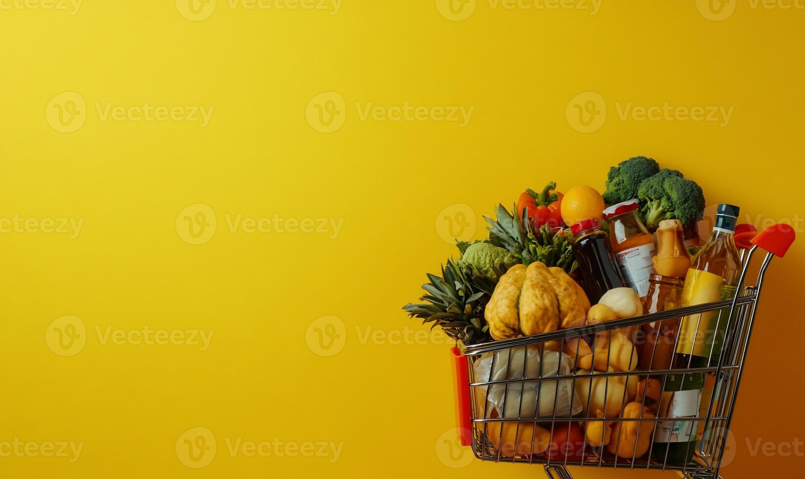 Grocery shopping cart full of various fresh produce and food items photo