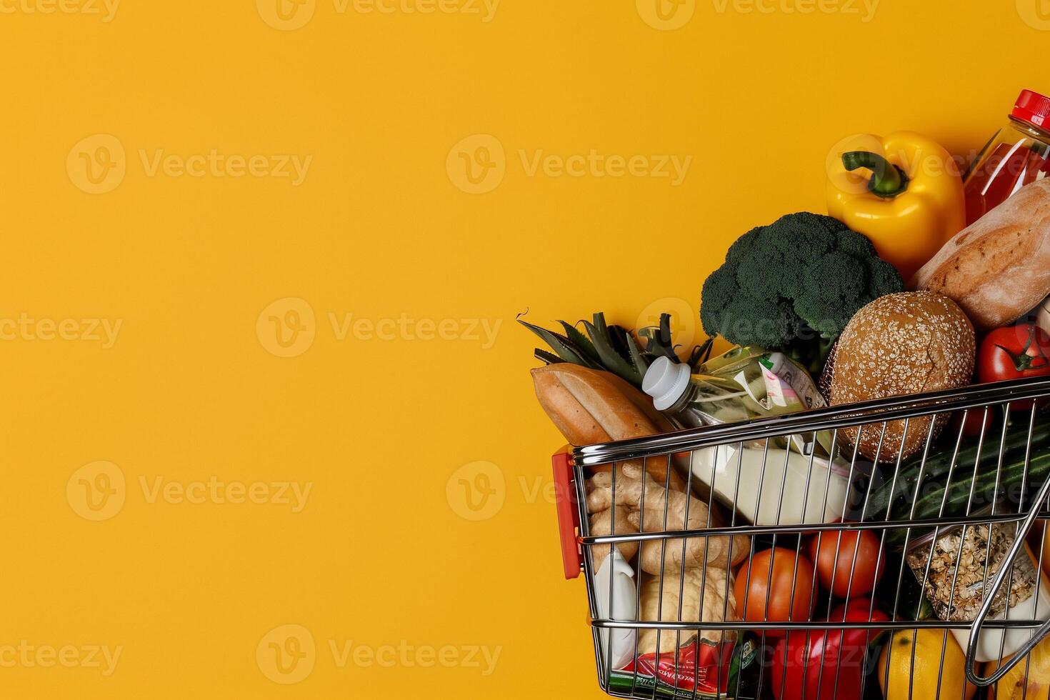 Grocery shopping cart overflowing with various produce and baked goods on yellow background photo