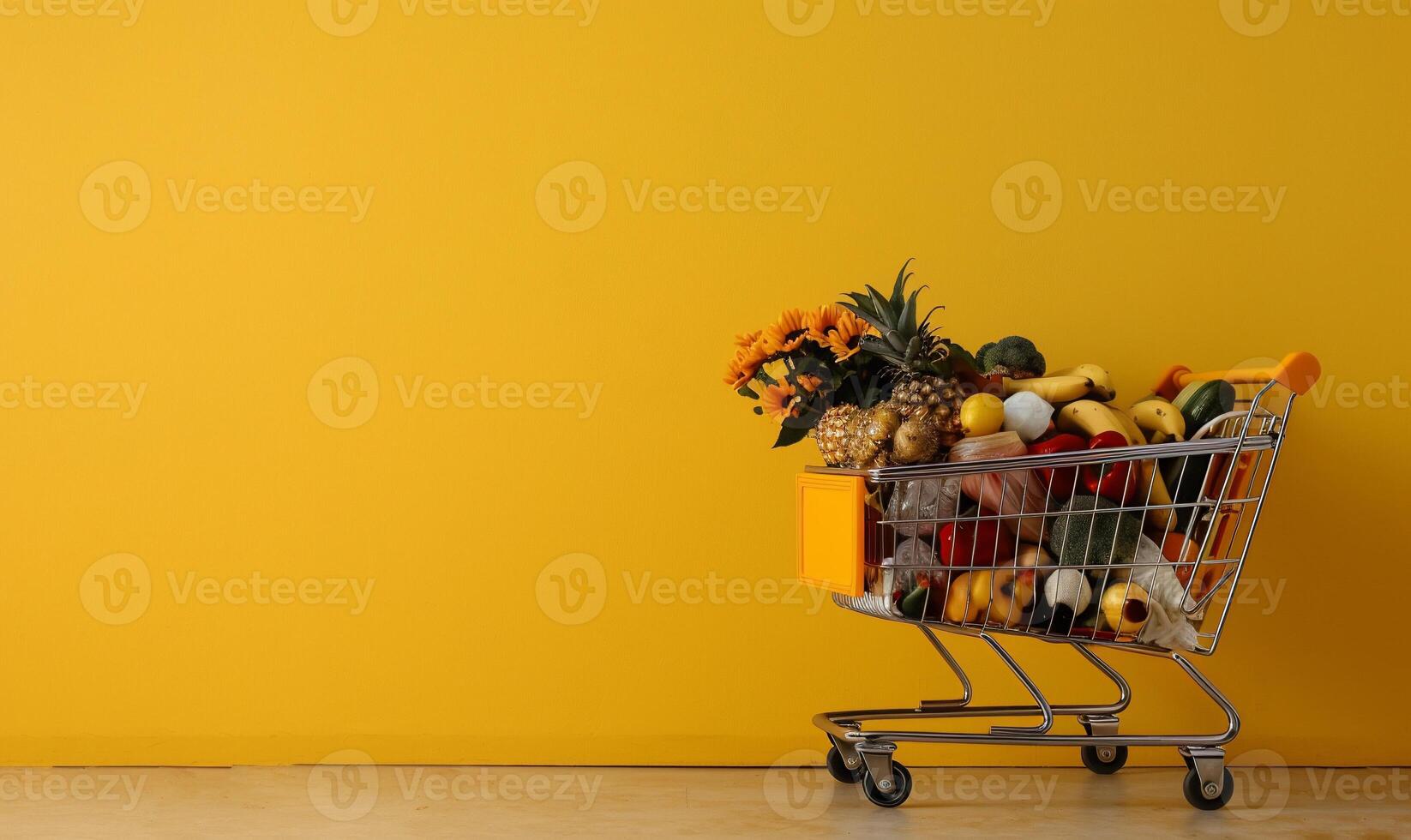 Grocery shopping cart overflowing with produce photo