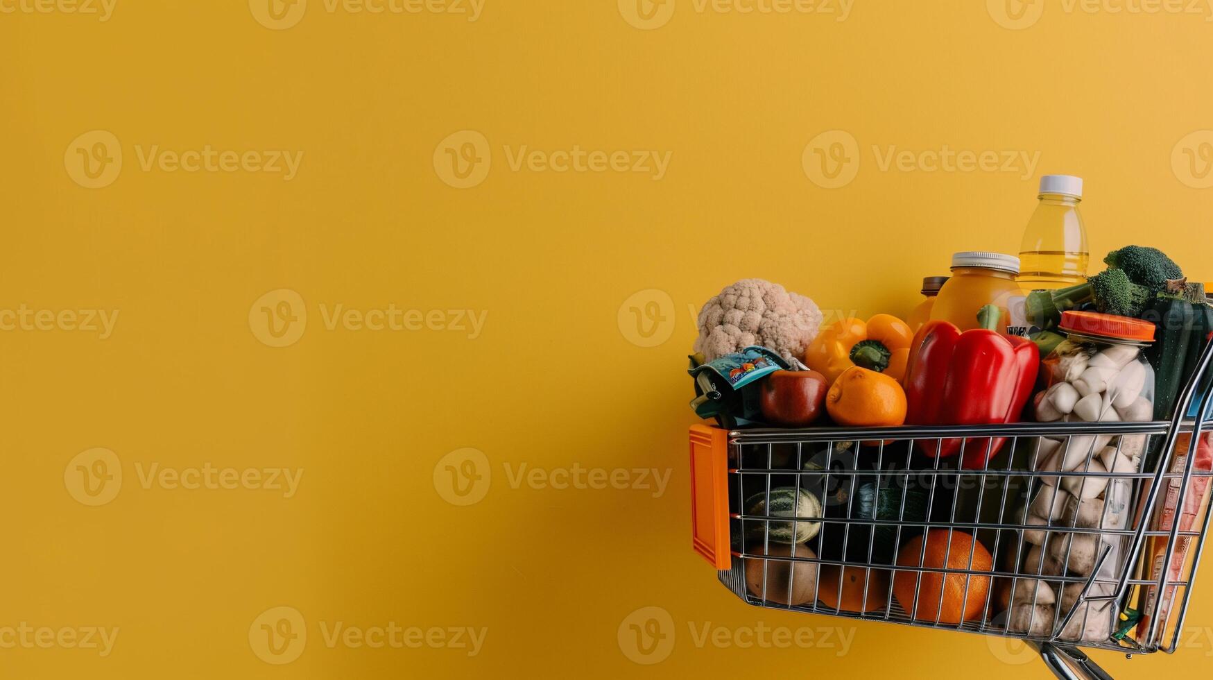 Grocery shopping cart full of fresh produce and items photo