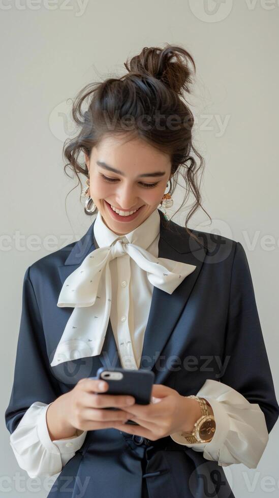 Happy woman using phone photo