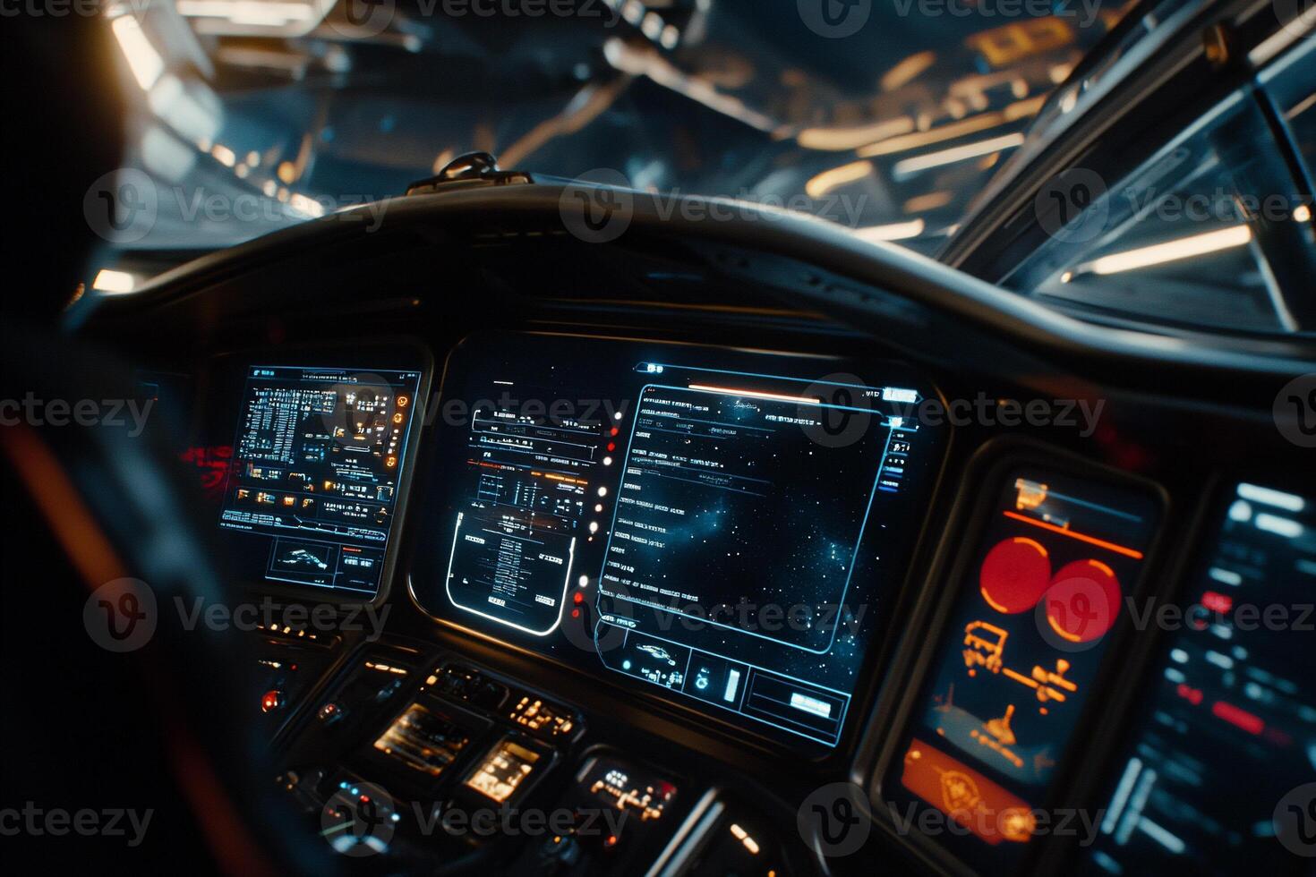 Futuristic spaceship cockpit with advanced displays photo