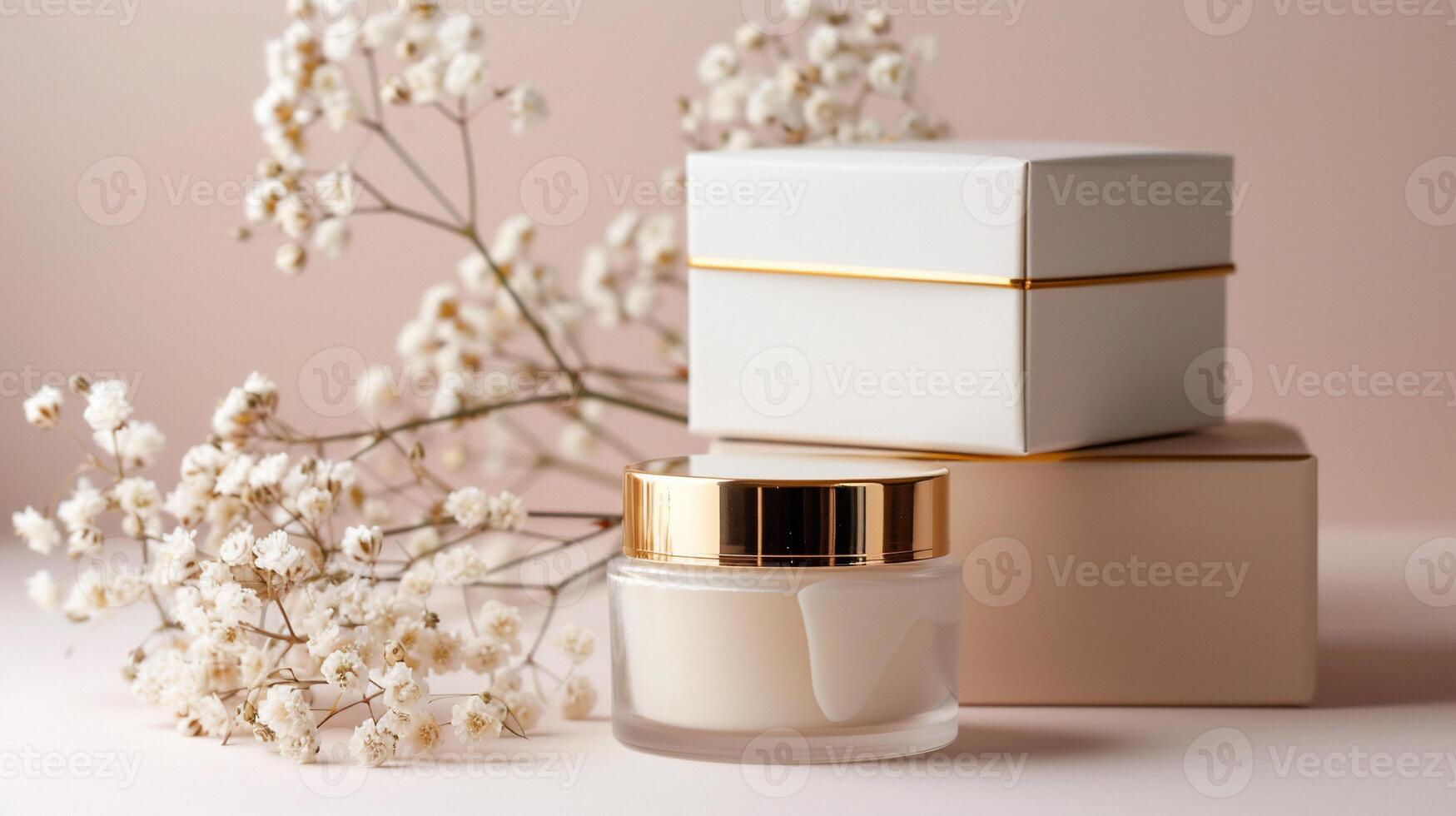 Elegant skincare product packaging, featuring a cream jar and boxes, on a soft blush background with delicate flowers photo