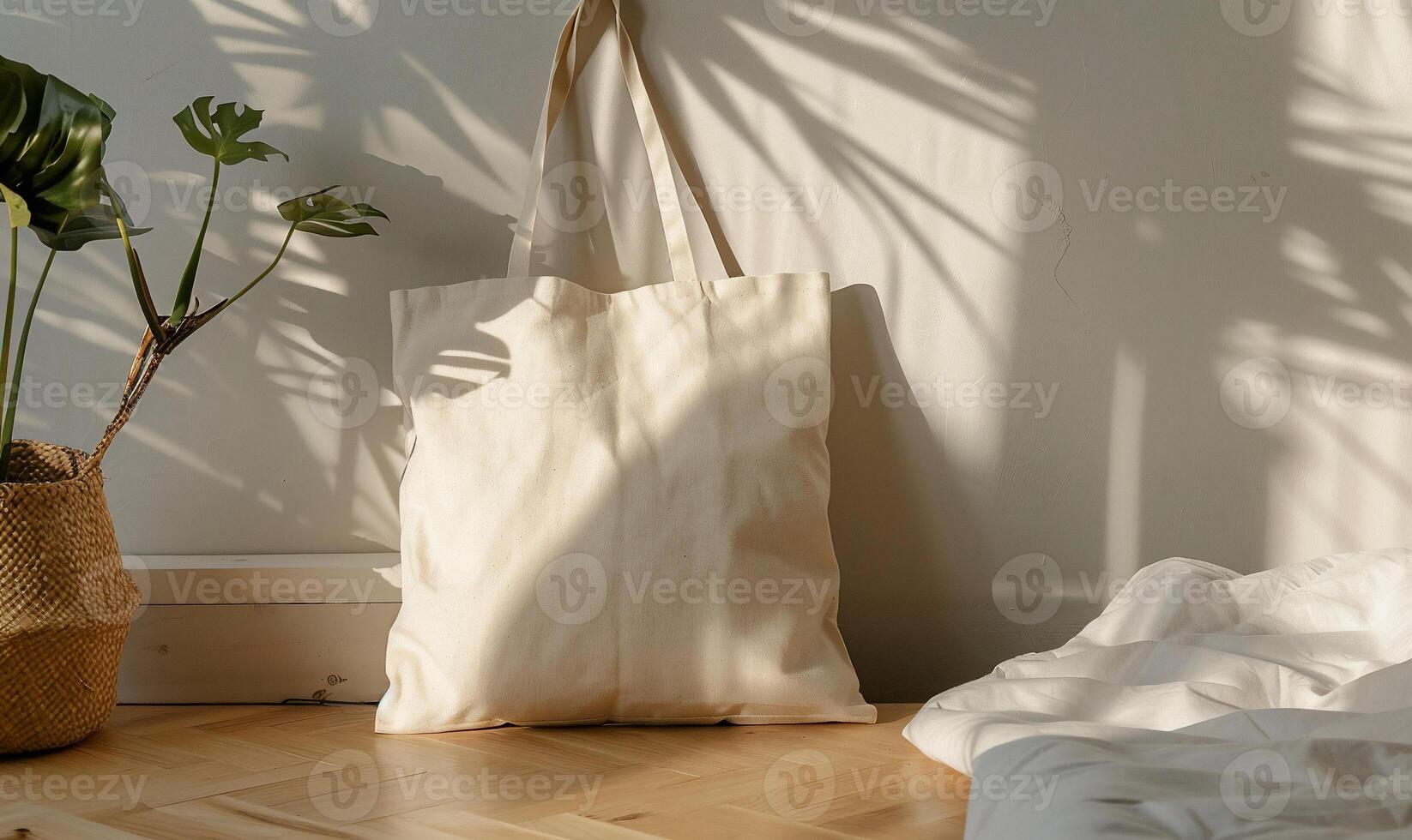 A white bed with a white pillow and a white bag photo