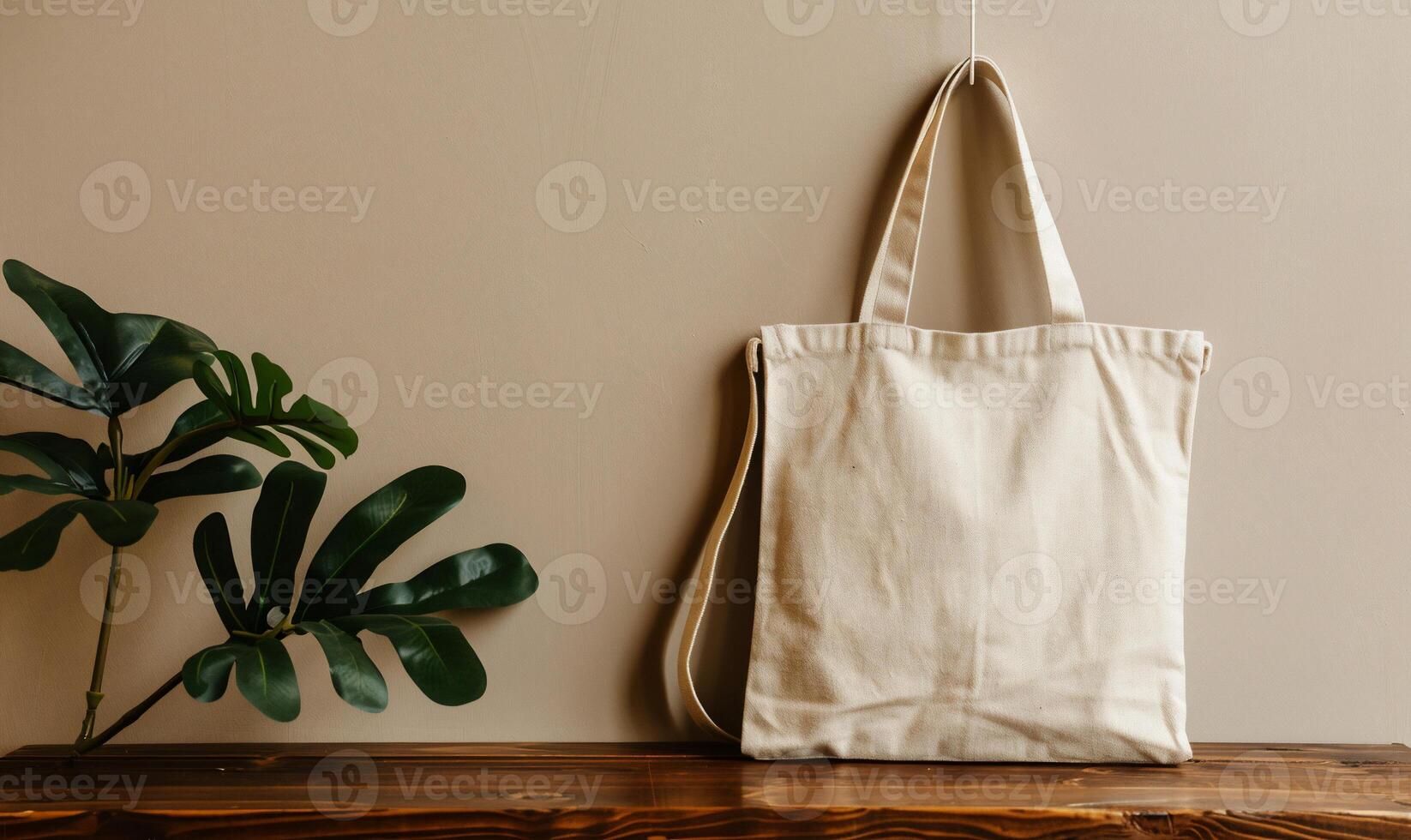 A tote bag hanging on a wooden shelf photo