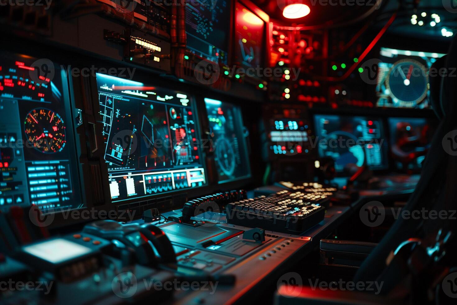 High-tech cockpit interior, illuminated displays, complex controls photo
