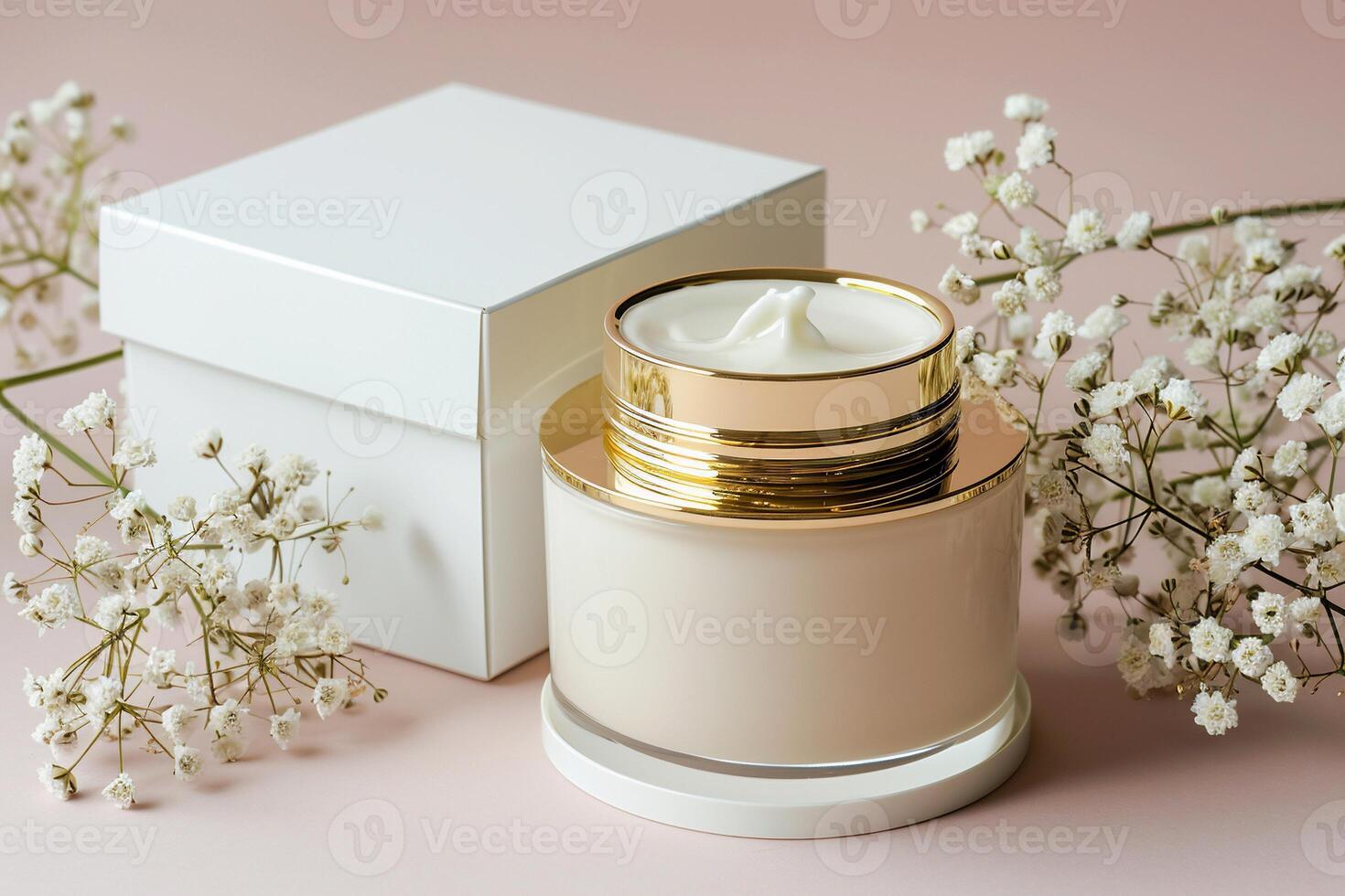 Luxurious cream jar and box on a blush backdrop, adorned with delicate flowers photo
