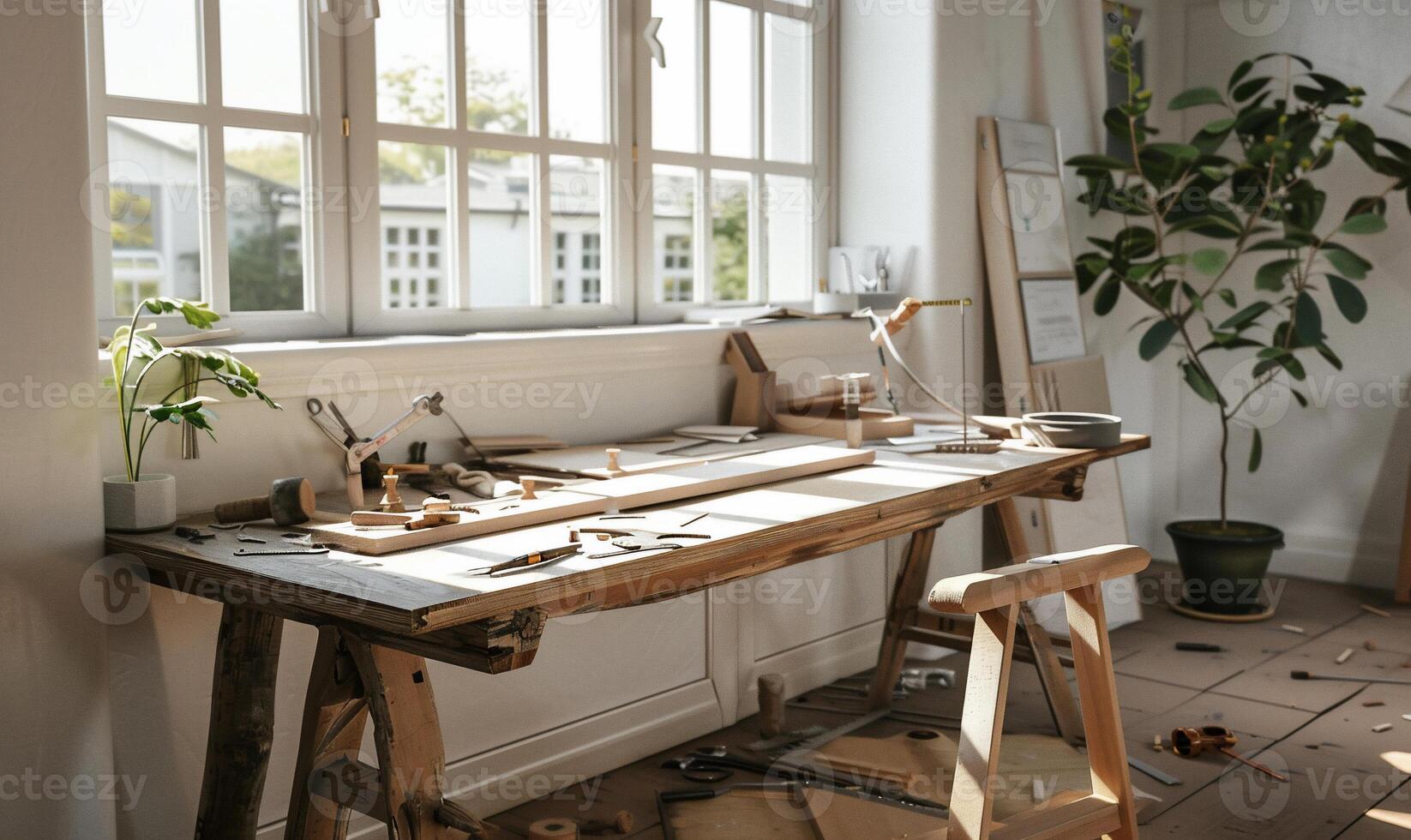 Rustic craftsman's workspace bathed in sunlight photo