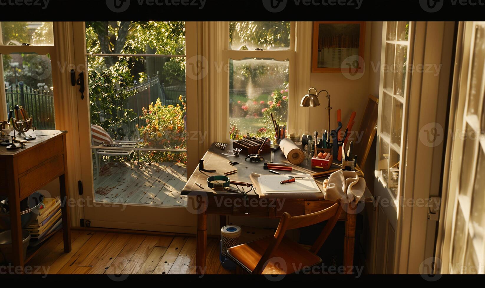 Sun-drenched workspace with garden view photo