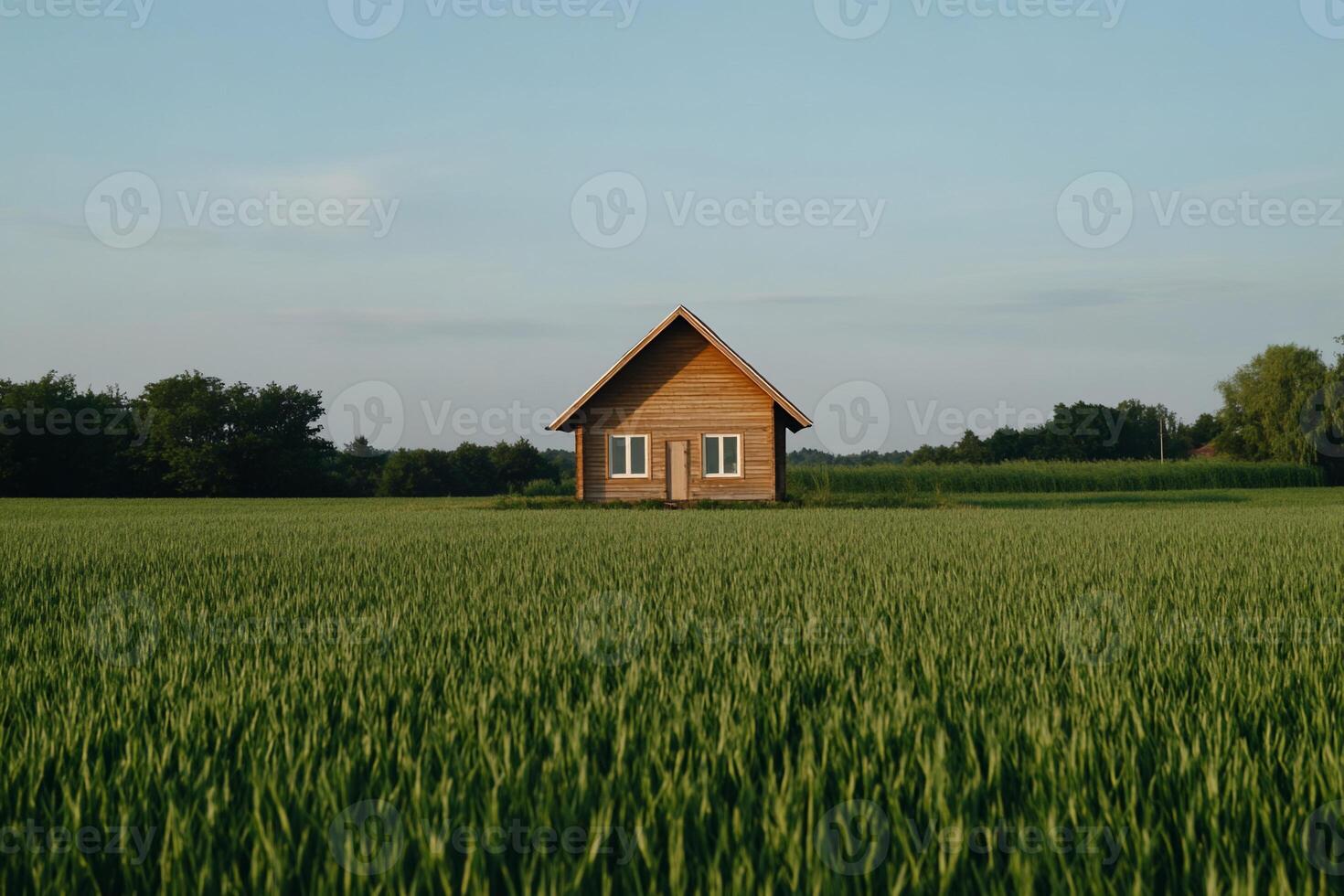 Simple wooden house in a vast field photo
