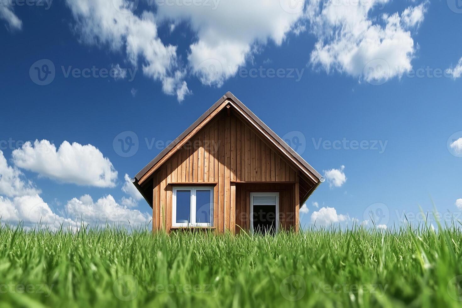 Small wooden house on a grassy field under a bright sky photo