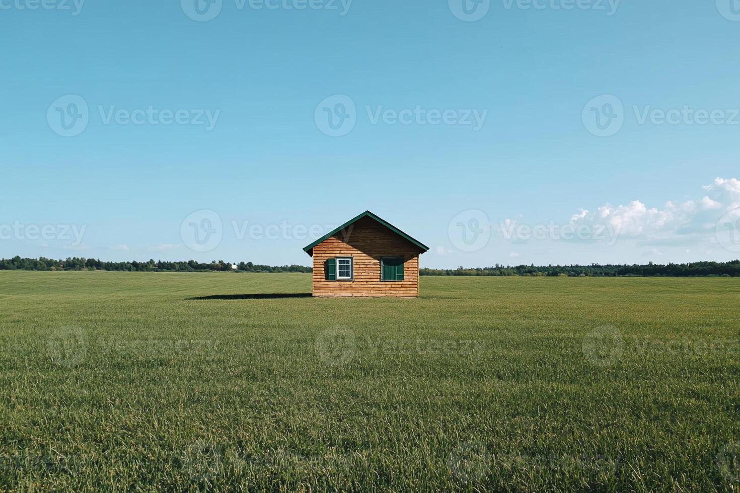 Small wooden cabin in a vast field under a clear sky photo