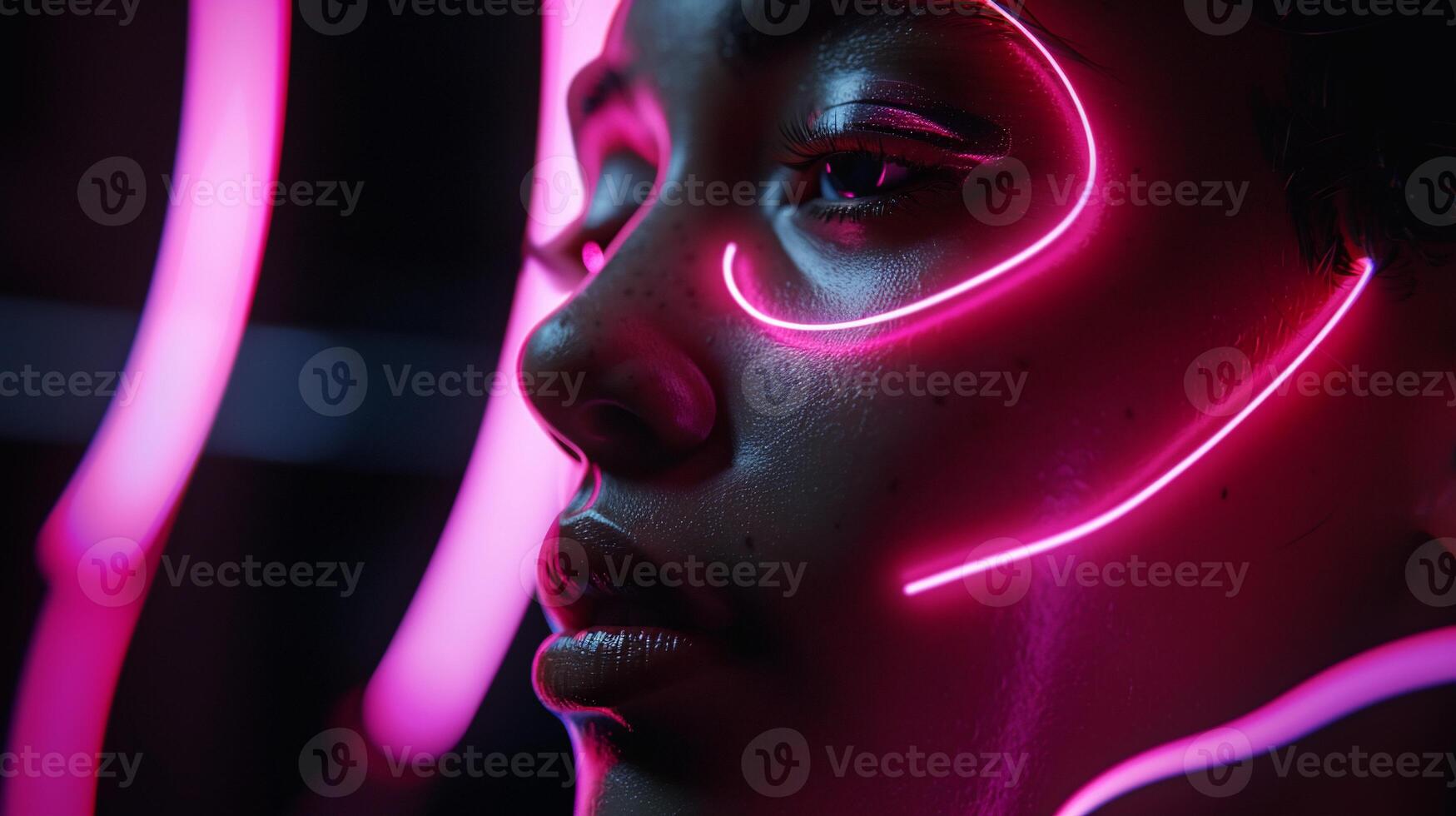 Close-up portrait of a person with neon pink facial lines photo