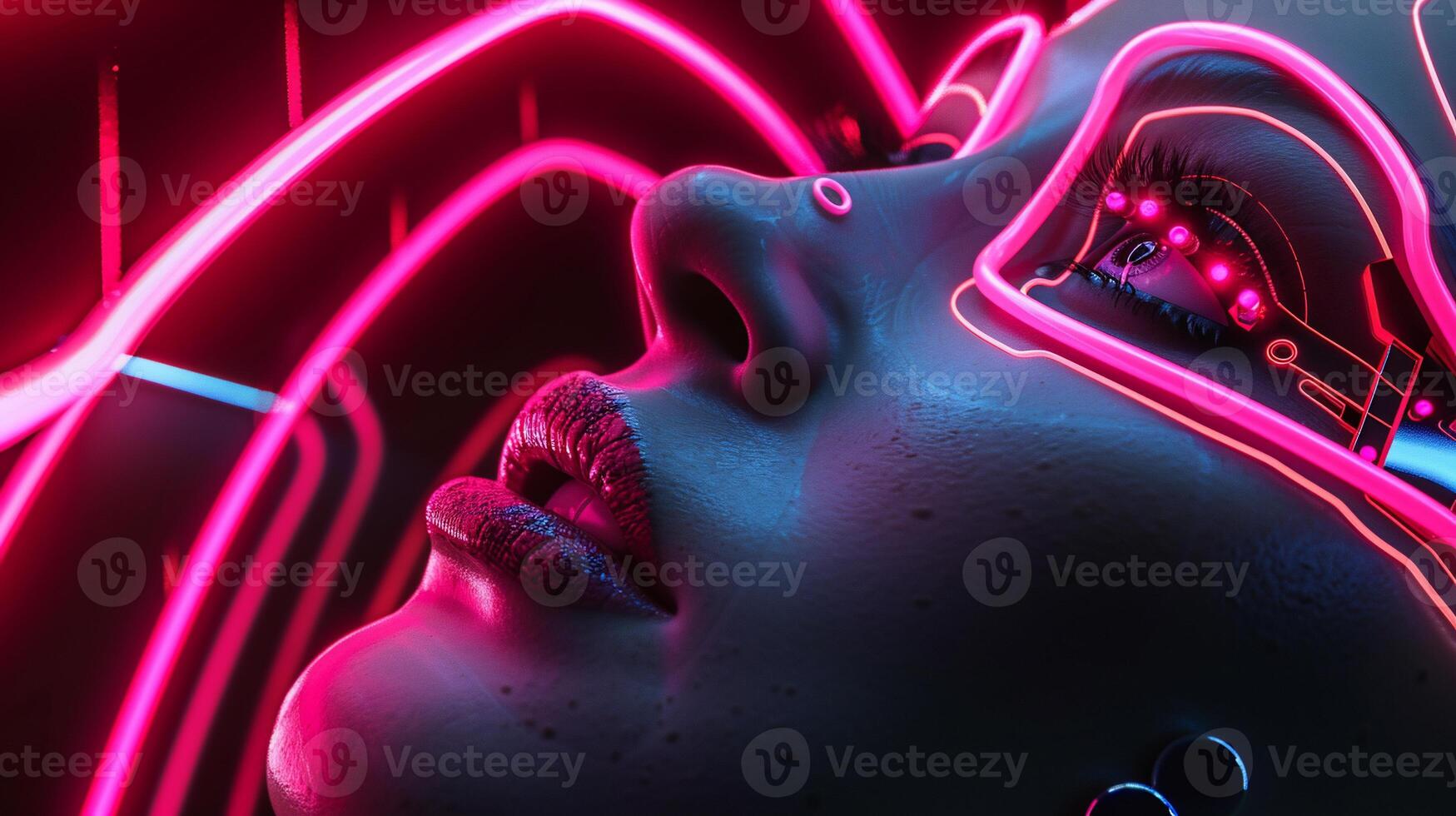 Cyberpunk woman with glowing neon lines photo