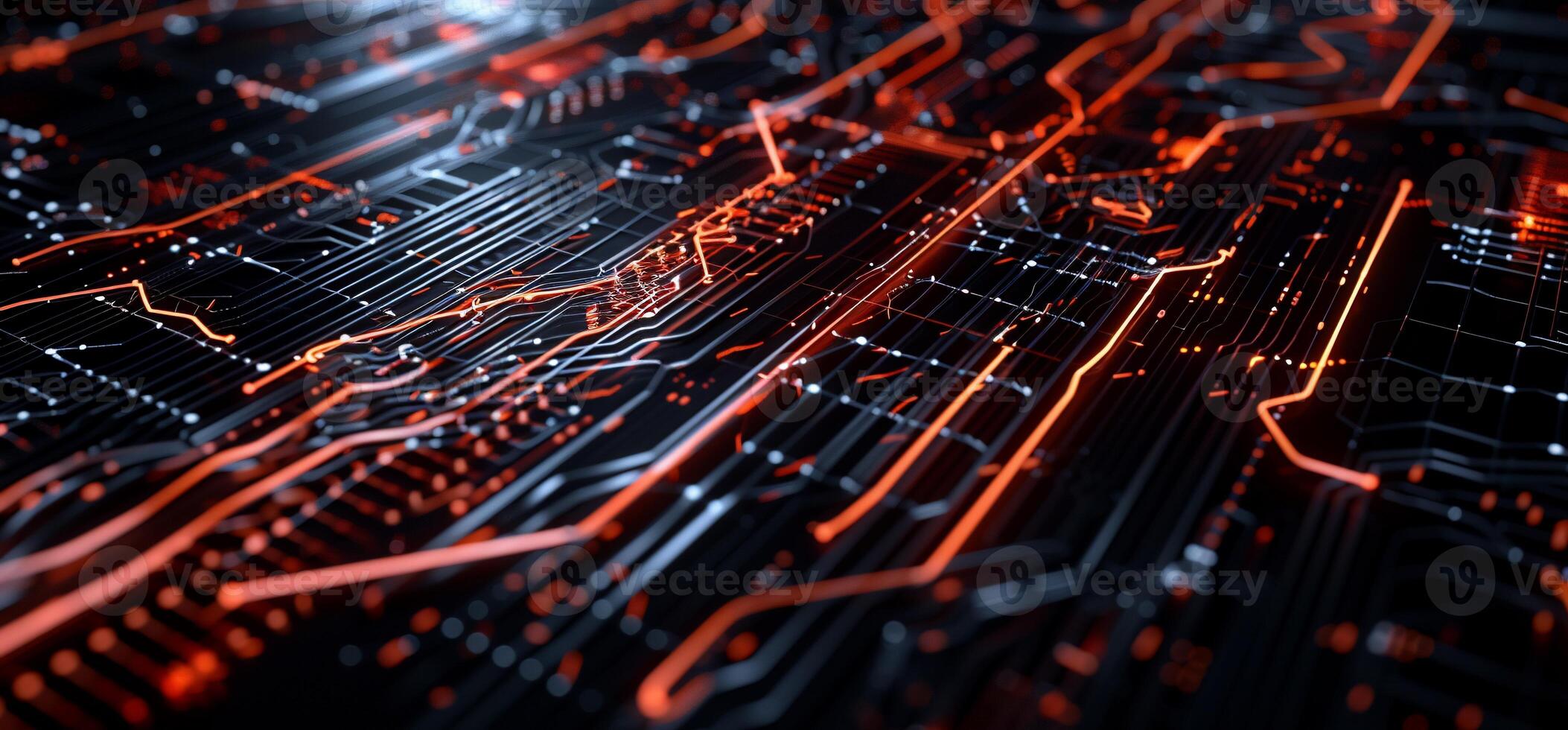 A computer circuit board with glowing lines photo
