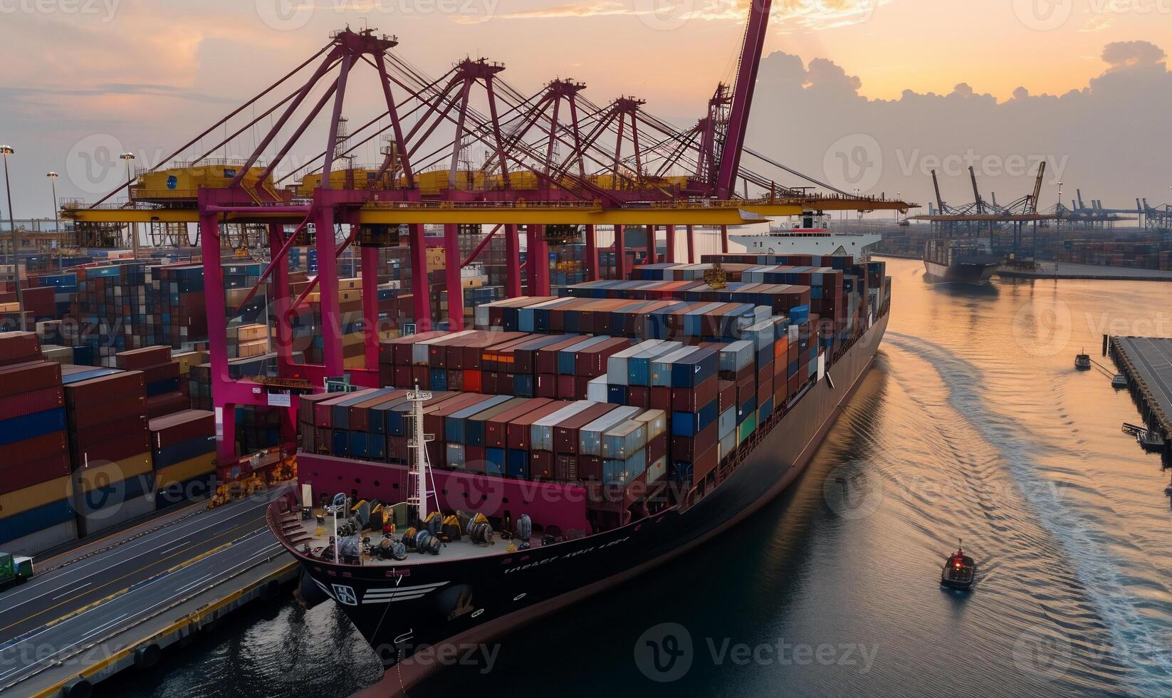 Container ship at port, cranes loading and unloading cargo photo