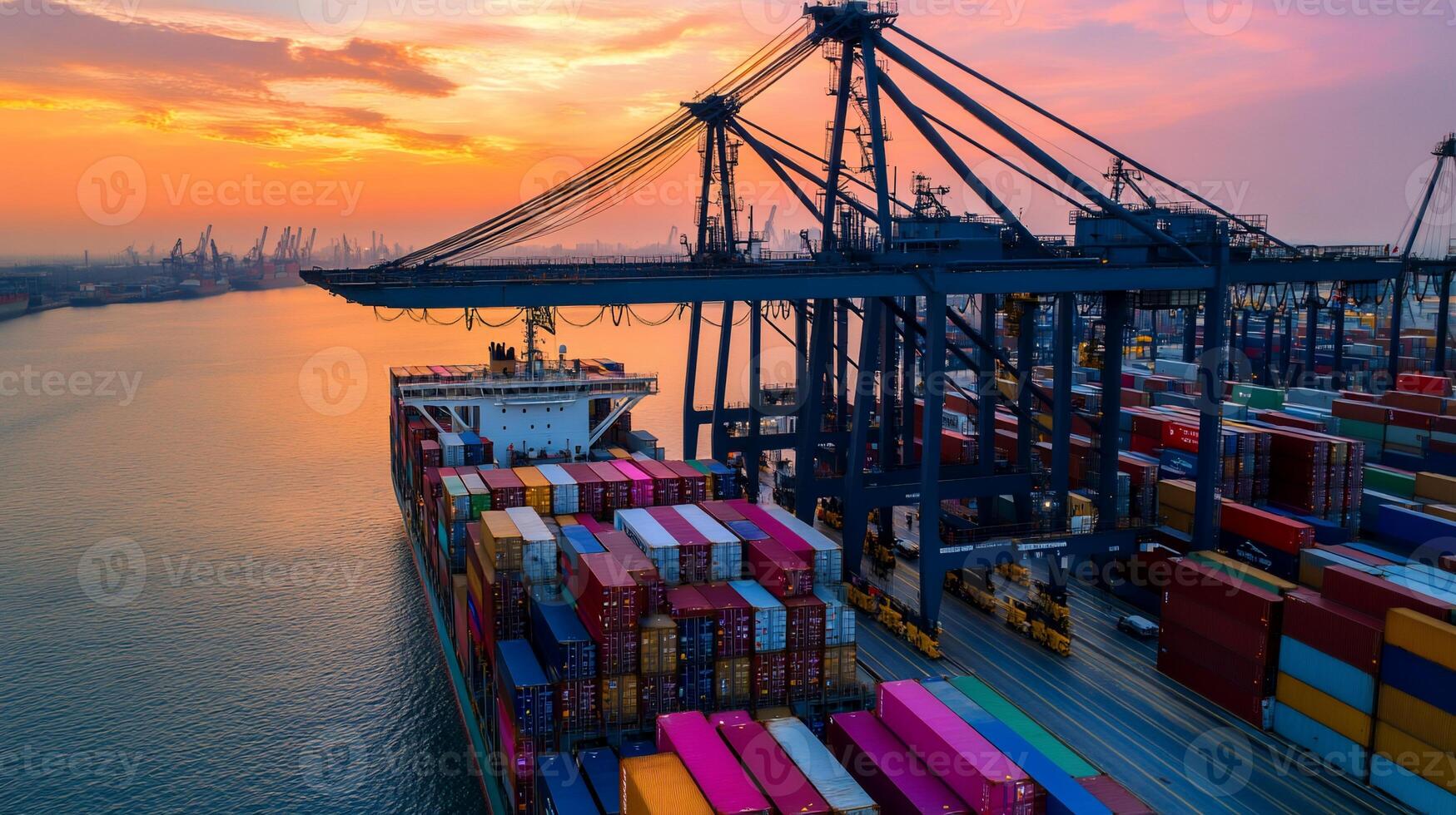 Cargo ship loading at port at sunset. Vast containers, cranes, and a large vessel are seen photo