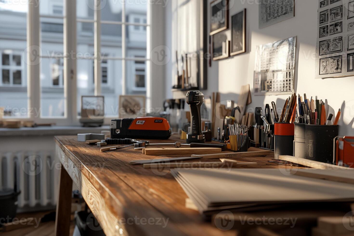 Cozy workshop with tools and supplies. Sunlight streams through large windows illuminating wooden workbench filled with various craft supplies photo
