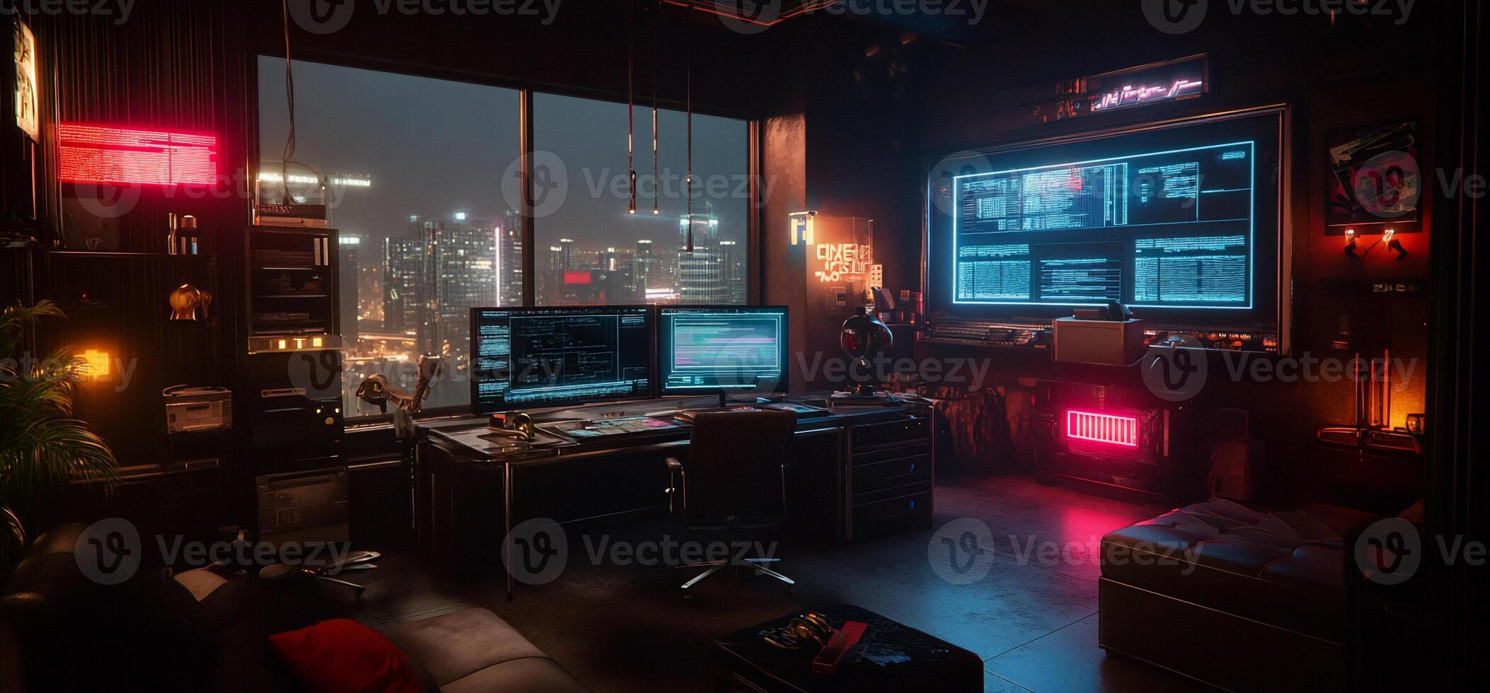 Cyberpunk Home Office with City View photo