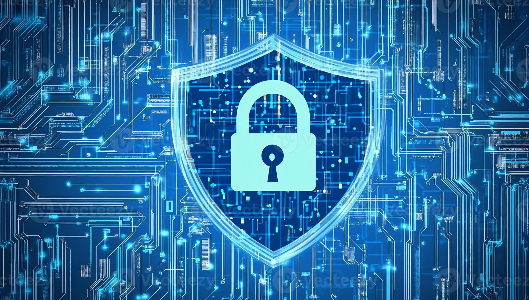 Cybersecurity shield graphic on circuit board photo