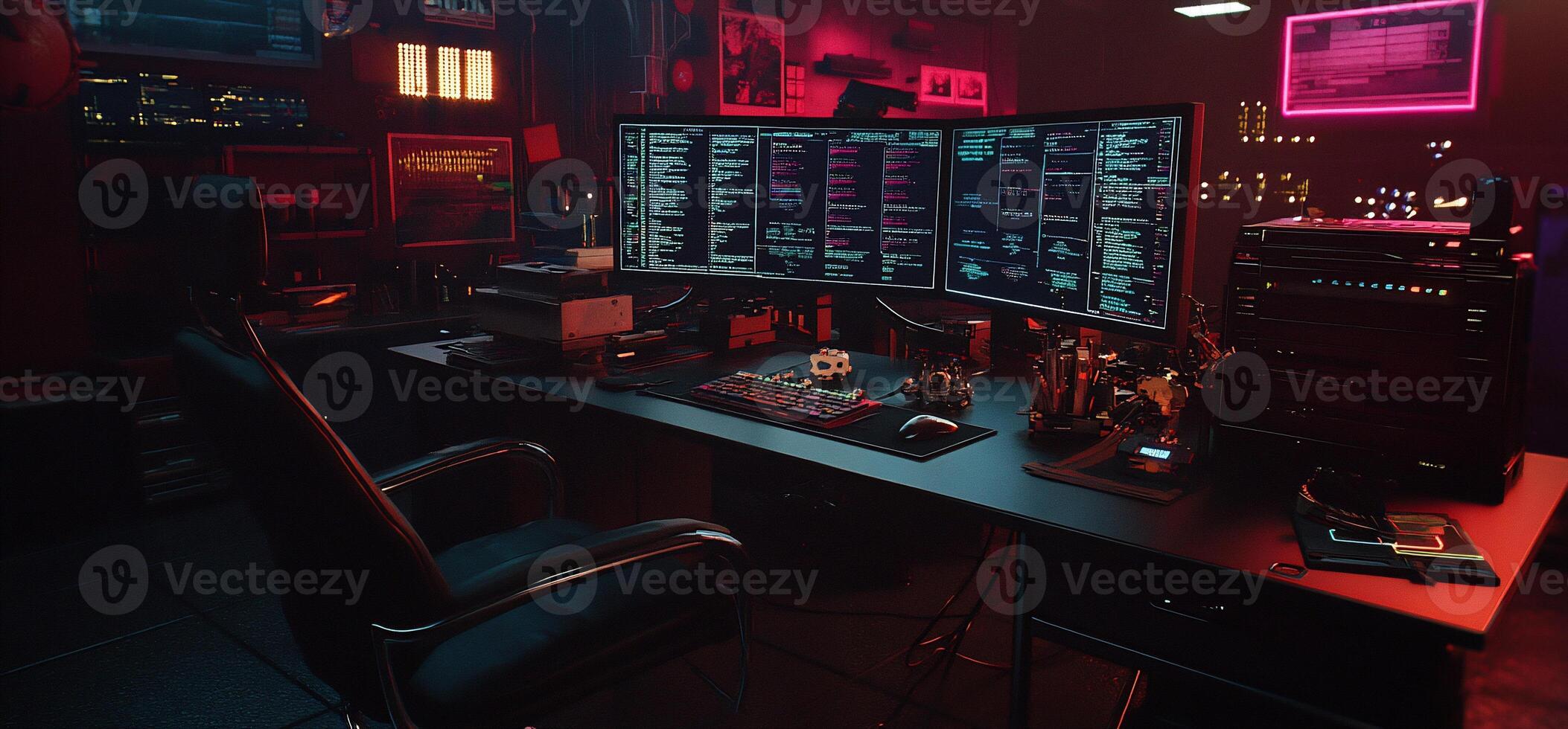 A computer desk with multiple monitors and a chair photo