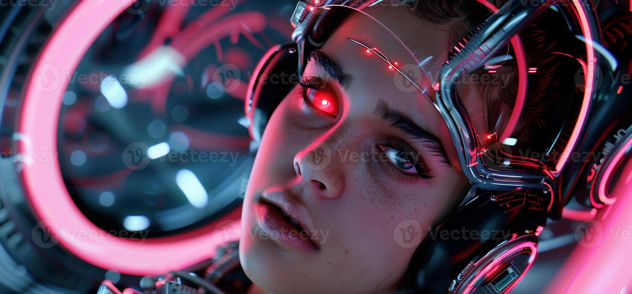Cyberpunk Cyborg Woman in Futuristic Setting photo