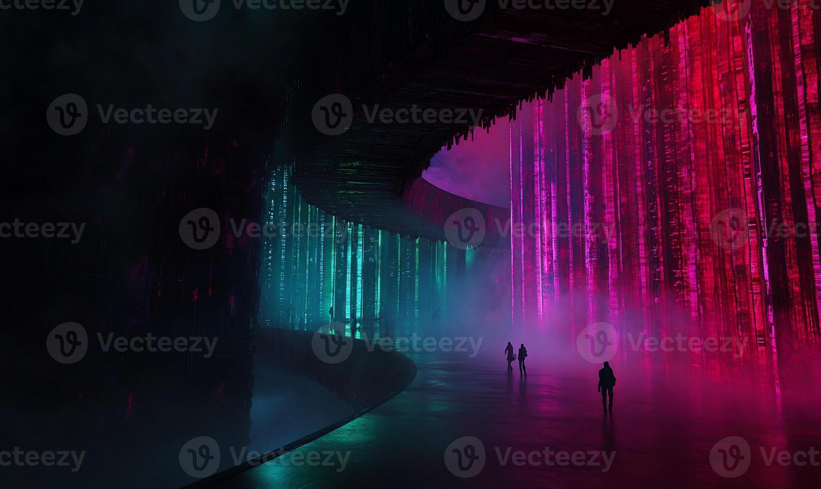Neon-lit, futuristic tunnel, with figures walking in a fog photo