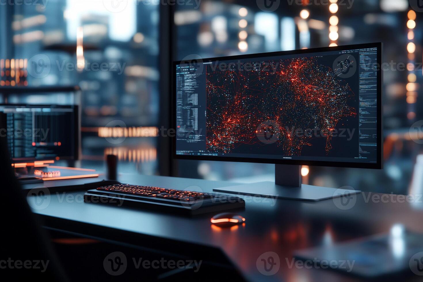 Modern workspace with complex data visualization on a monitor. Cityscape view photo