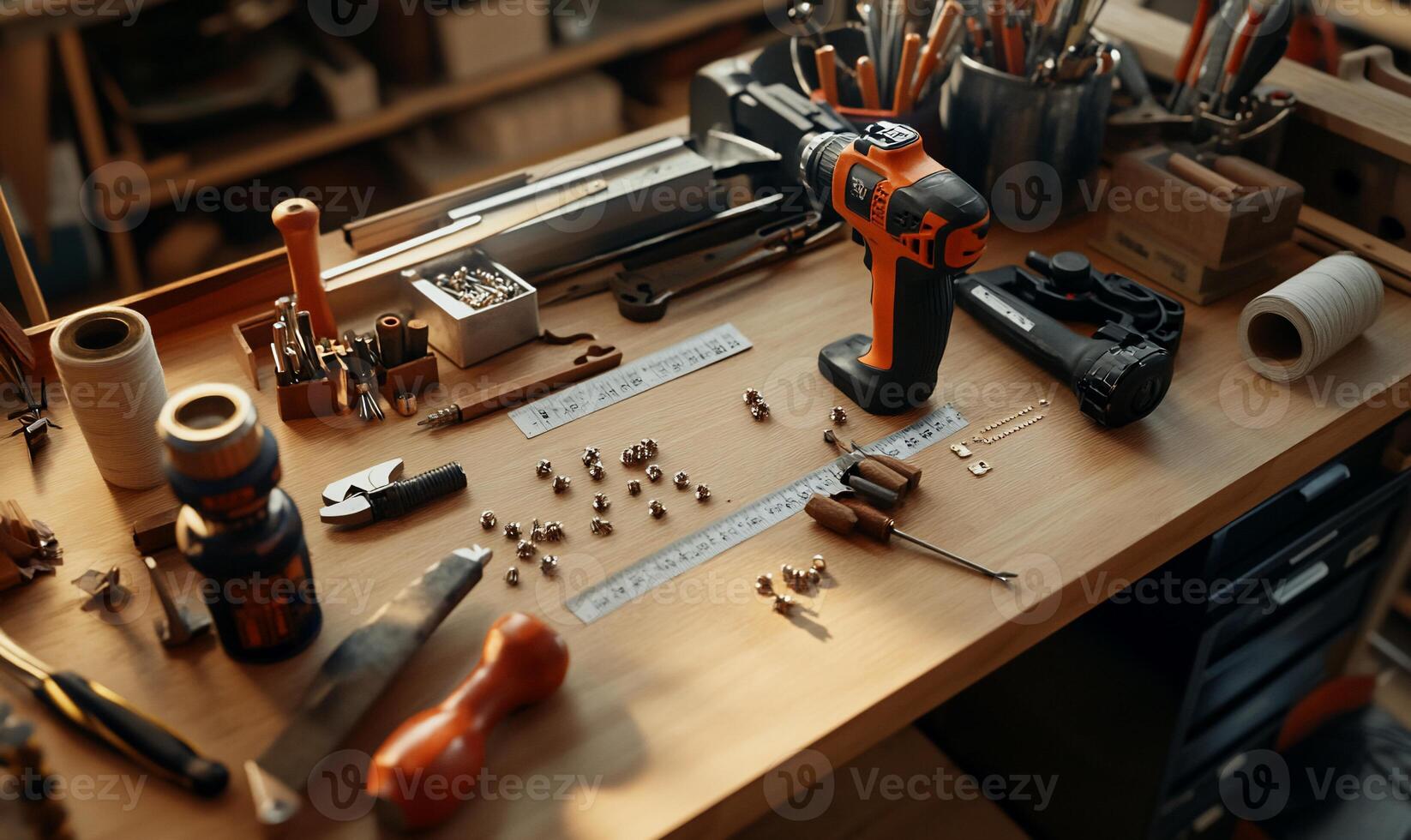 Woodworking workbench filled with tools and supplies photo
