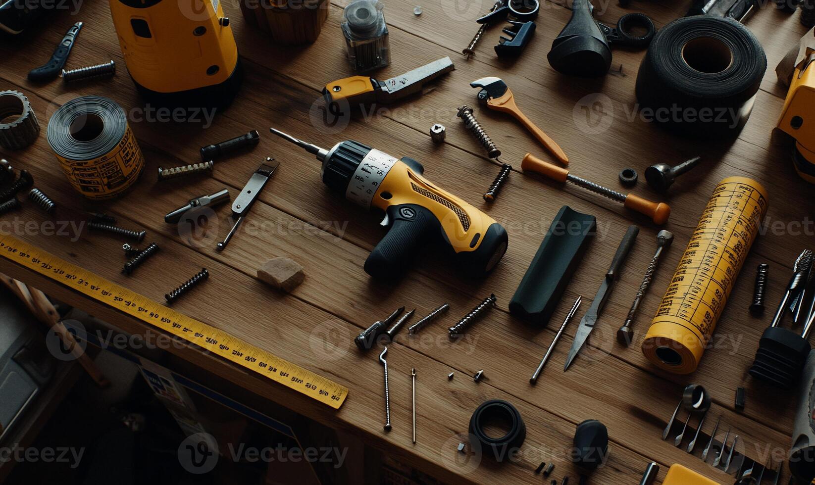 Assorted tools on a workbench. Detailed view of various hand tools and power tools. Includes drill, screwdrivers, wrenches, measuring tape, and more photo