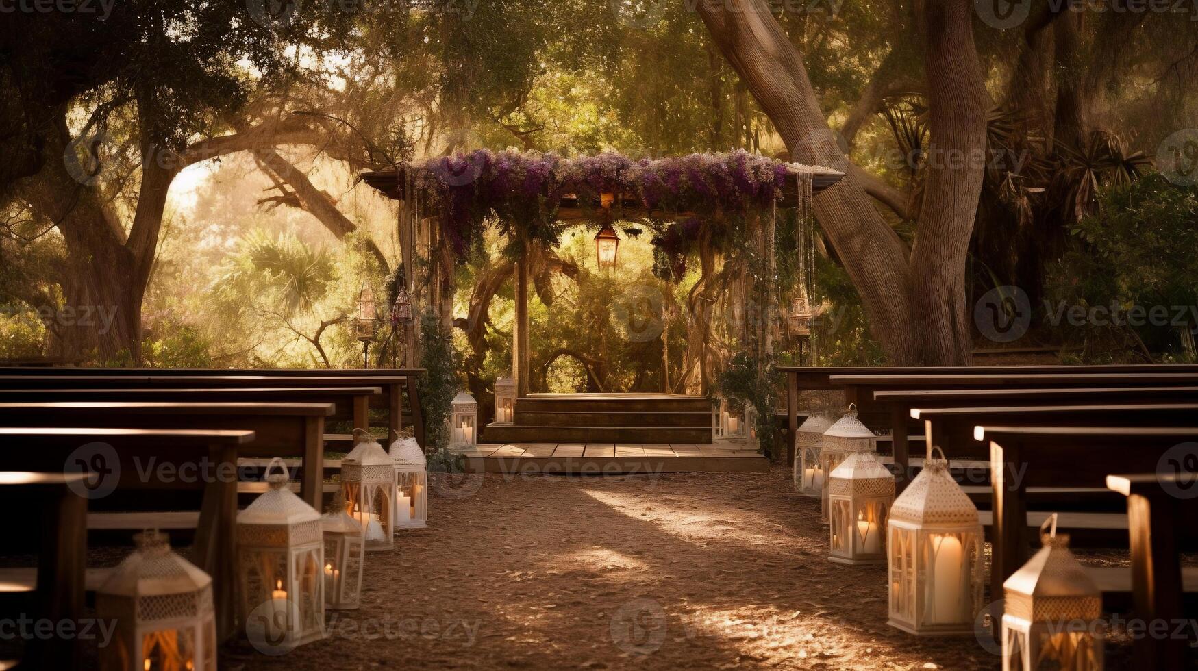 Rustic outdoor wedding ceremony setting. Wooden pews line a pathway to a decorated arbor, illuminated by lanterns. Natural light filters through trees photo