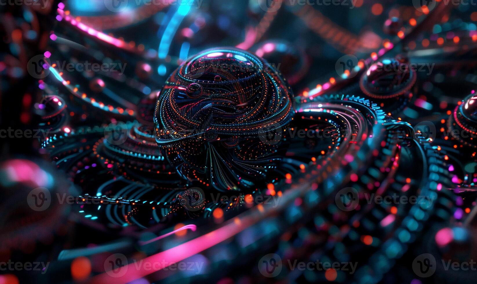 Intricate, glowing, mechanical, futuristic, abstract sphere system. Dynamic, complex structure, intertwined elements photo