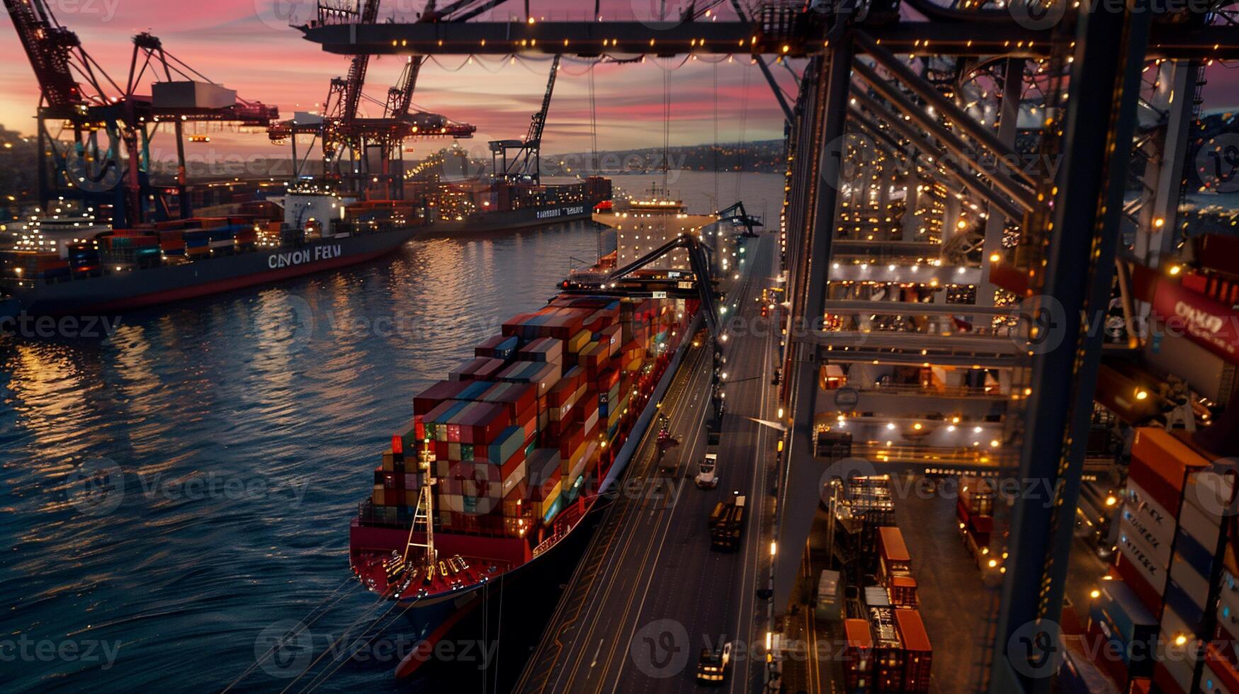 Busy harbor at sunset with cargo ships and cranes photo