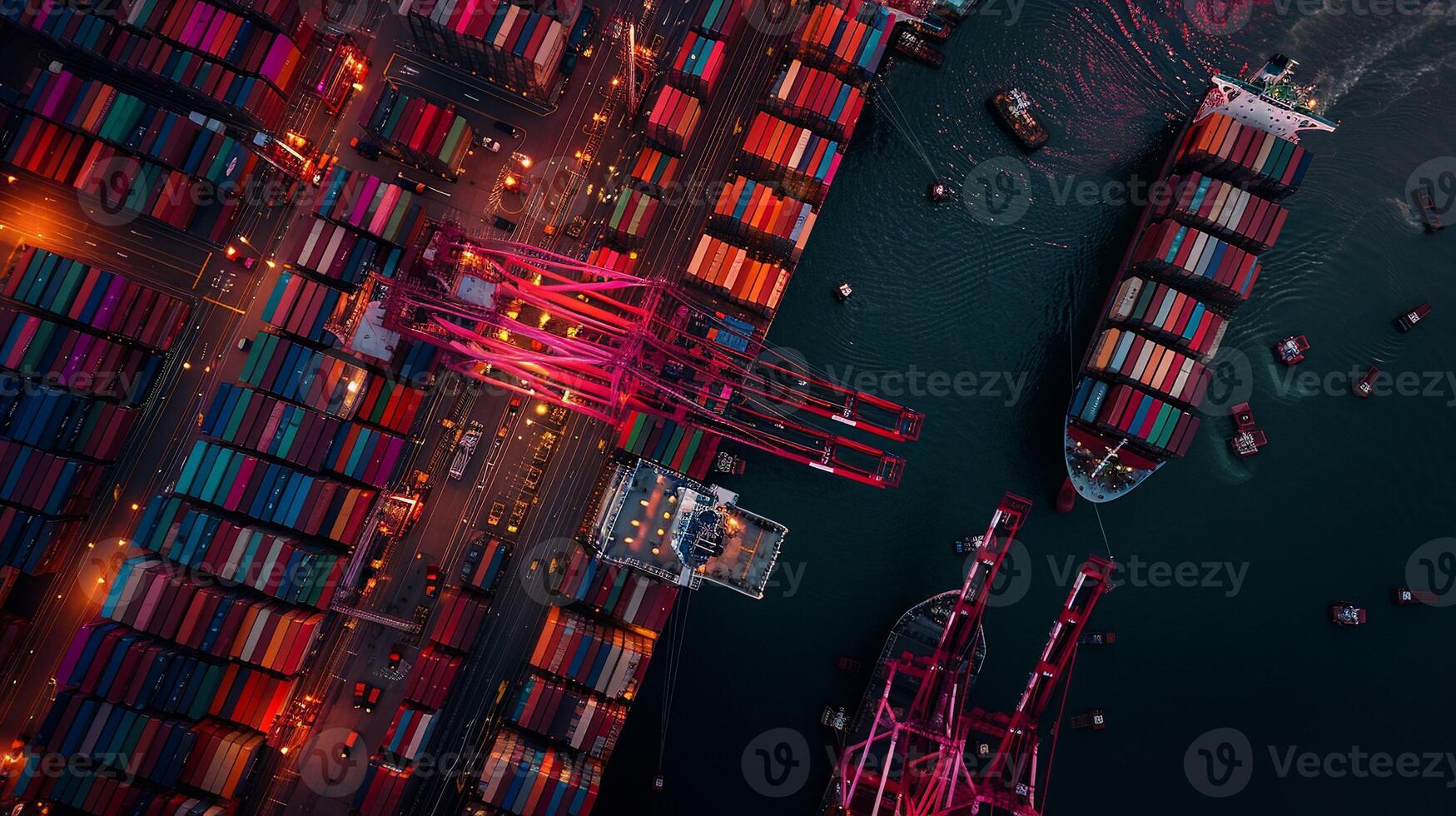 Busy port at night, containers and ships photo